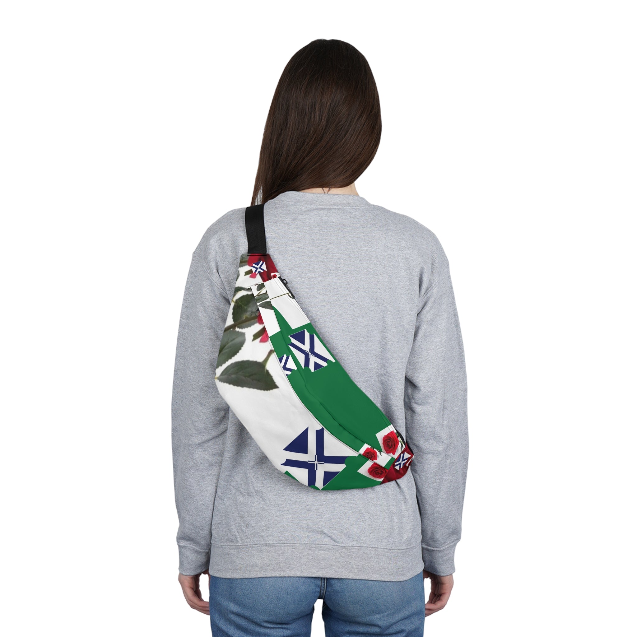 Floral Saltire Large Fanny Pack — Green Rose Pattern Hip Bag