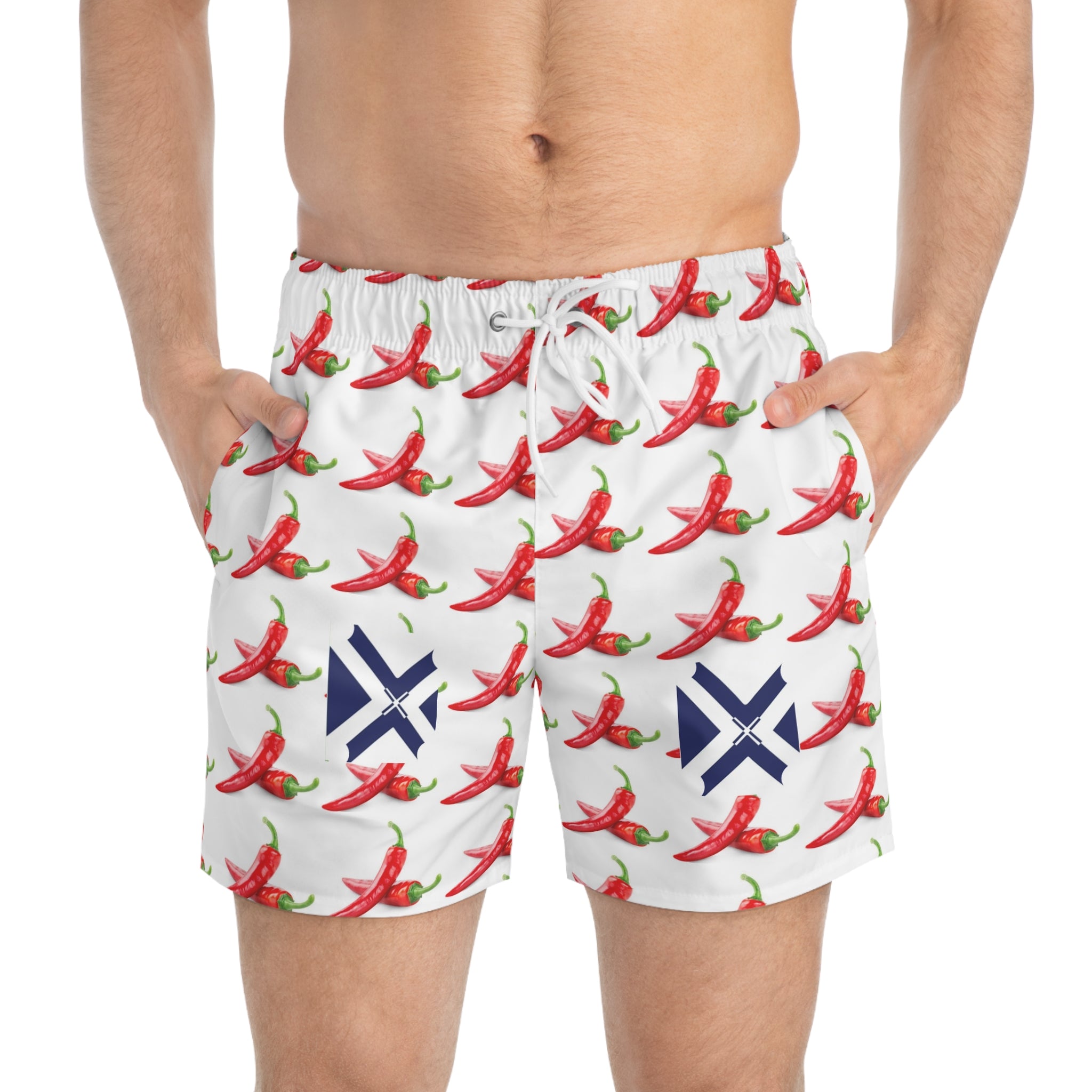 Chili Pepper Pattern Swim Trunks — Spicy Summer Beach Shorts