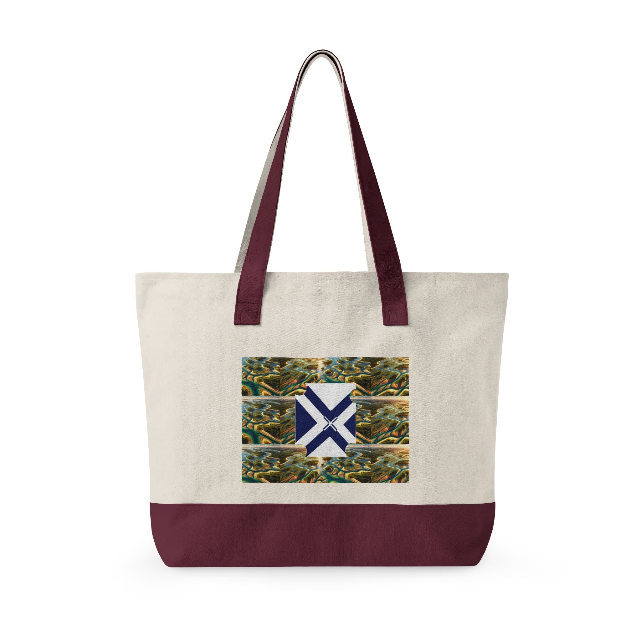 Canvas Tote Bag — Rustic Pine Forest Patch with Navy Saltire