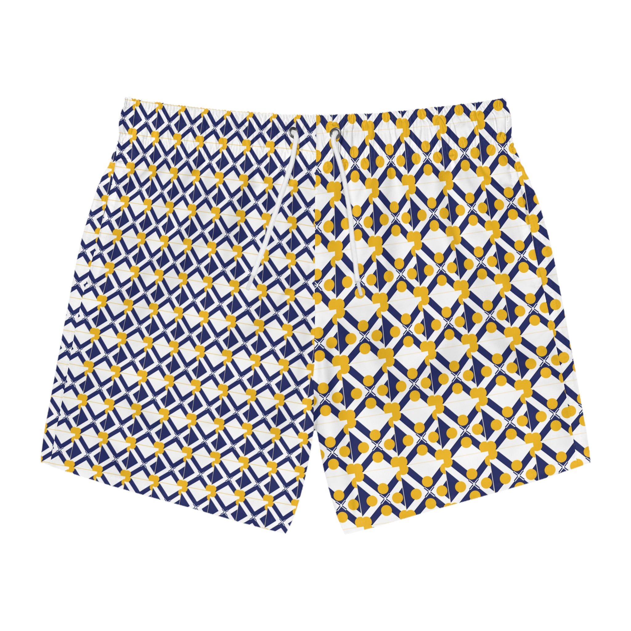 XT9 Split-Pattern Swim Trunks — Blue & Gold All-Over Print