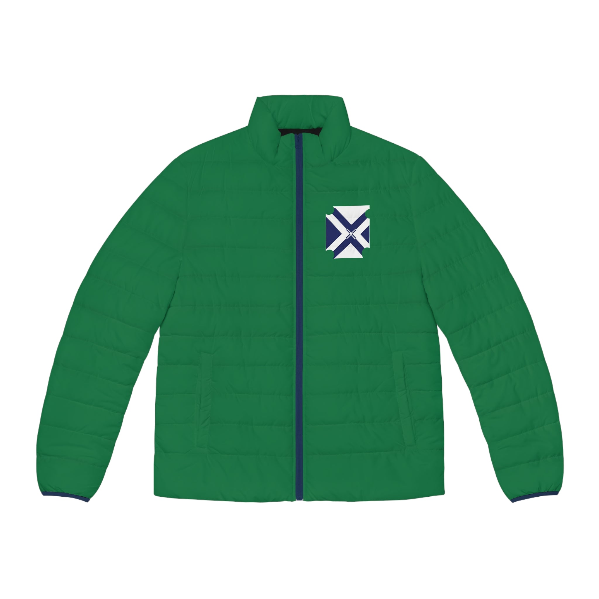 Puffer Jacket — Green Quilted Men’s Coat with Navy-White Cross Emblem