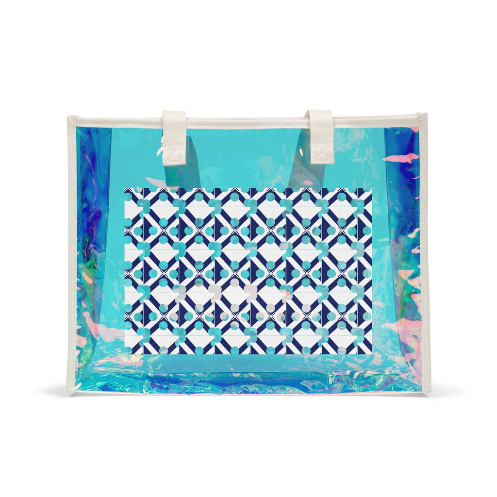 XT9 Holographic Beach Tote Bag — Iridescent Coastal Clear Carryall with Geometric Print