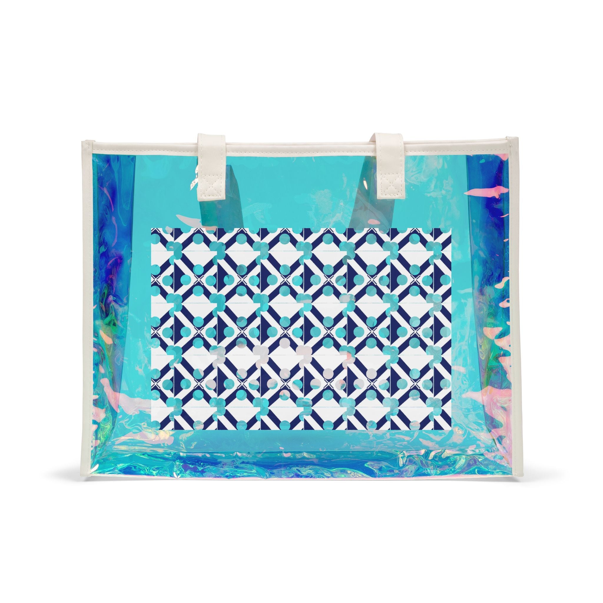 XT9 Holographic Beach Tote Bag — Iridescent Coastal Clear Carryall with Geometric Print