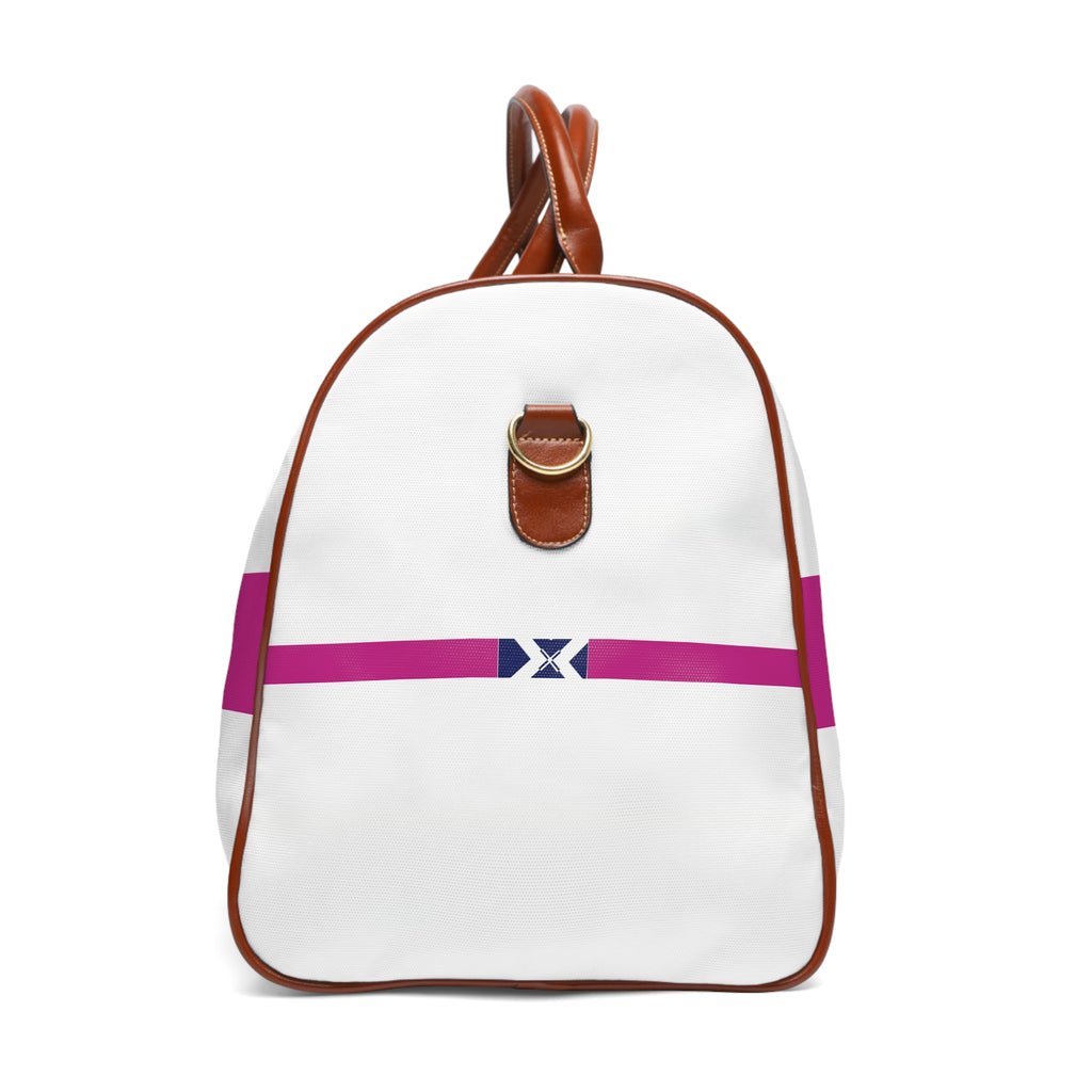 Waterproof Travel Bag — White Weekend Duffel with Magenta Stripe & Navy X Accent