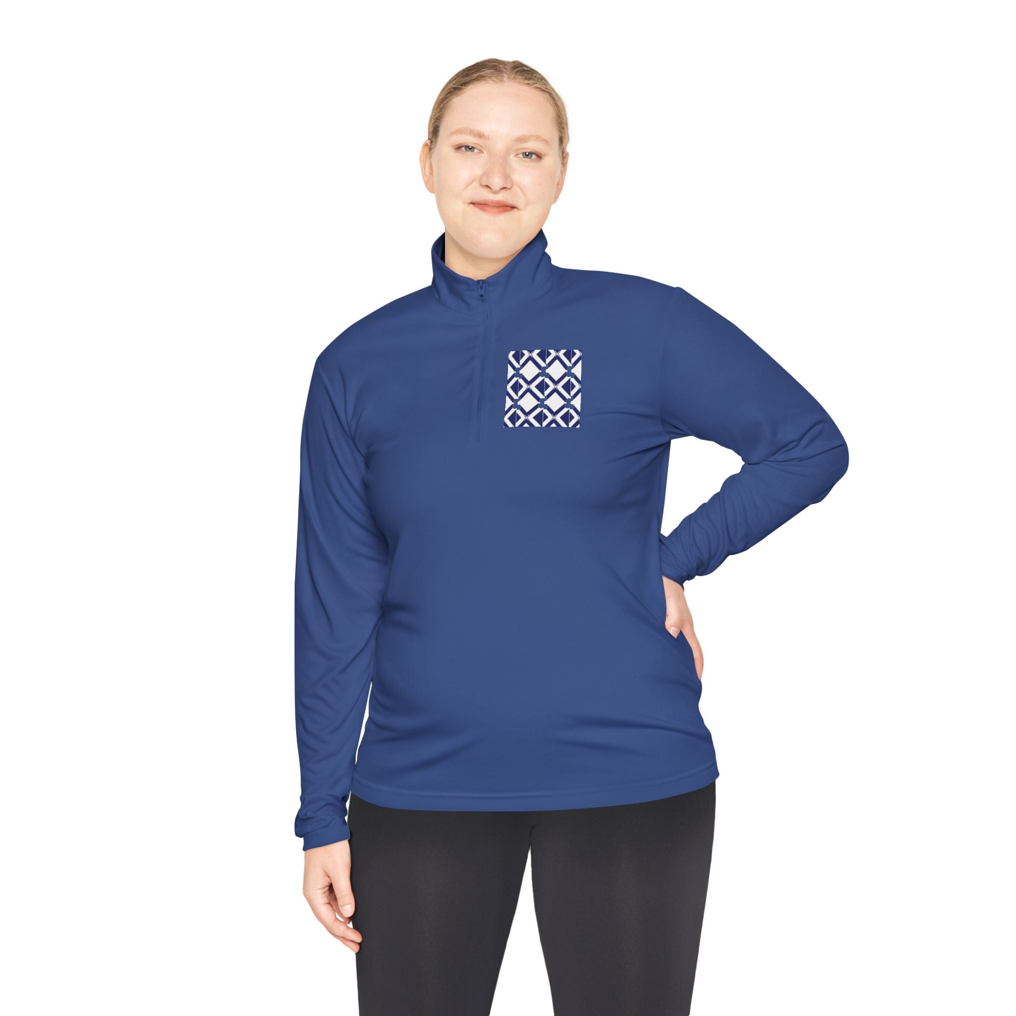 Quarter-Zip Pullover — Navy Geometric Tile Chest Graphic