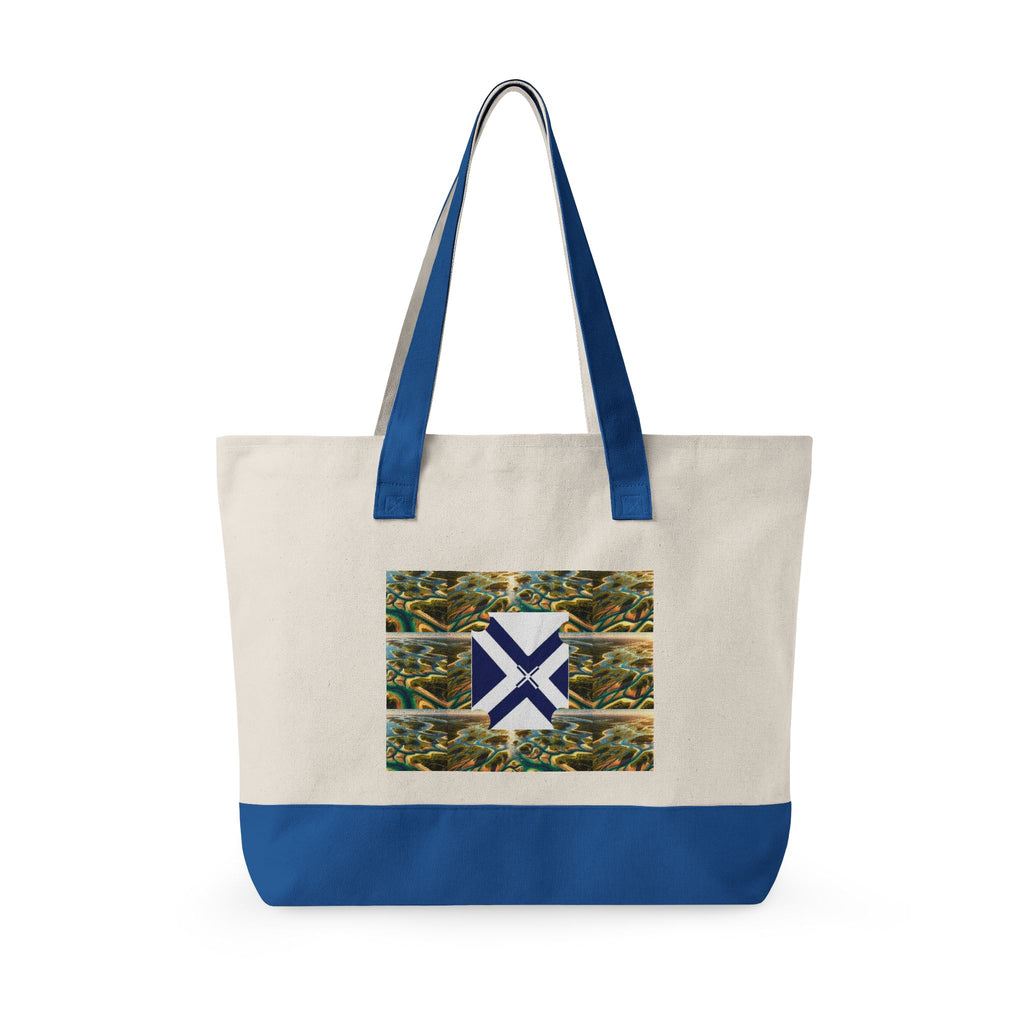Canvas Tote Bag — Rustic Pine Forest Patch with Navy Saltire