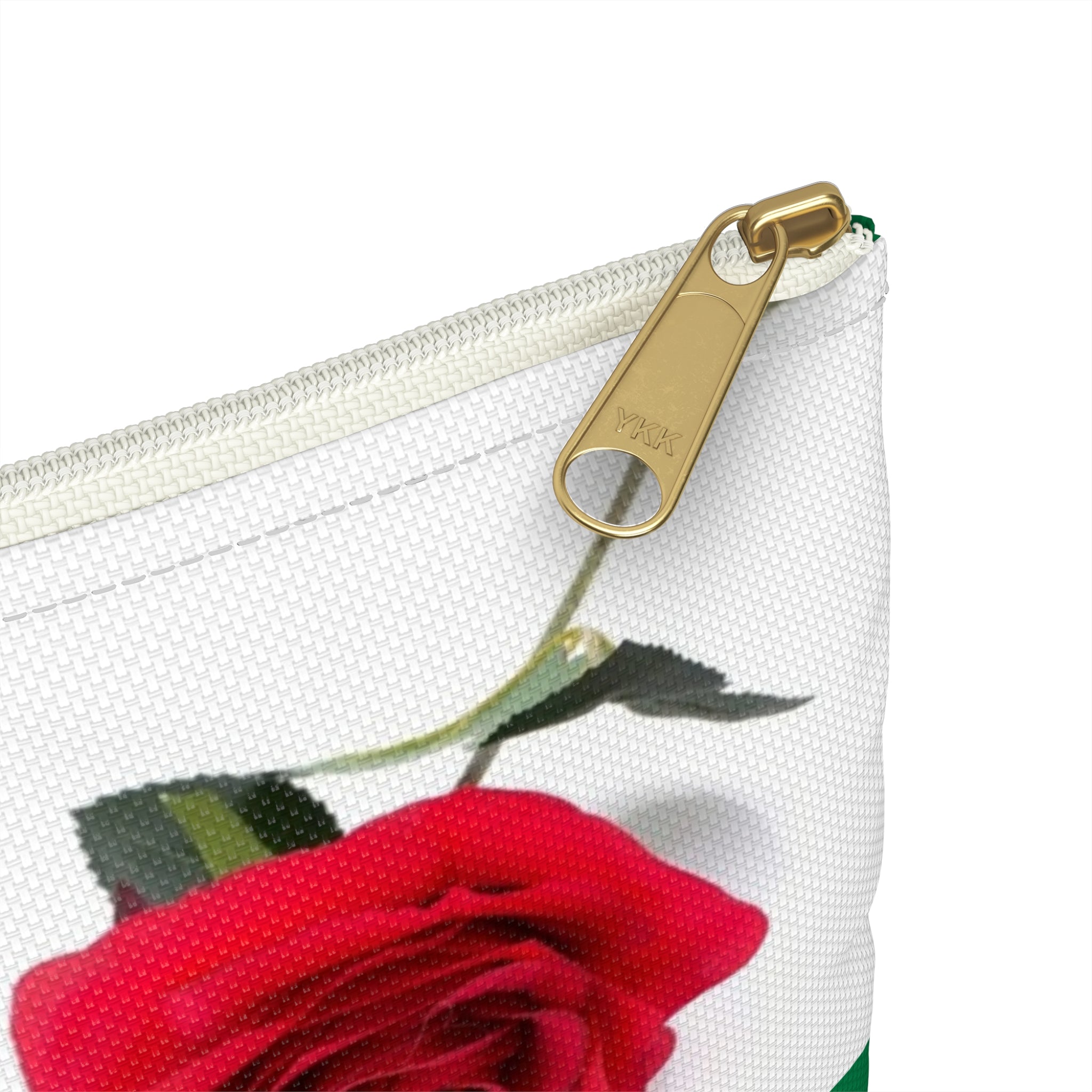 Green Rose Accessory Pouch — Floral Rose Zip Cosmetic Bag with Blue Cross Accent