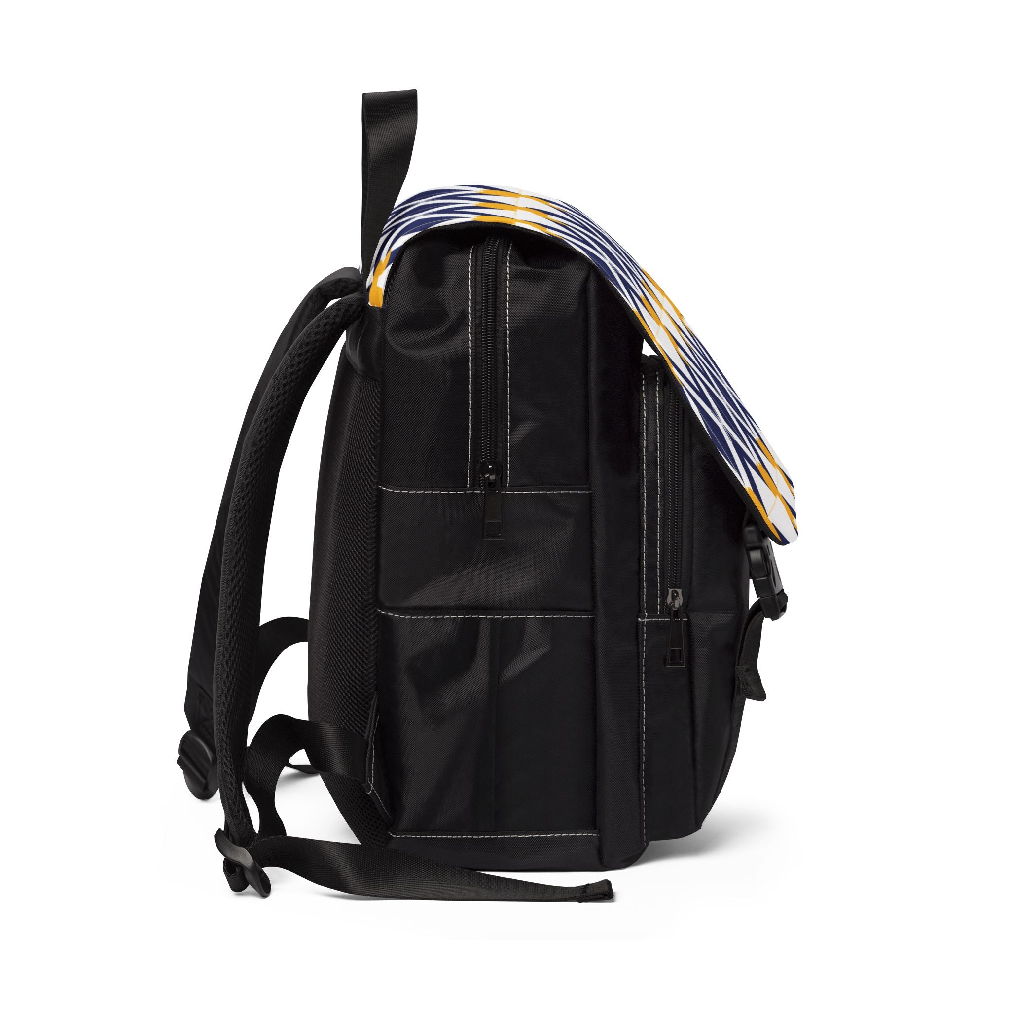 Navy & Yellow Geometric Pattern Backpack — Casual Shoulder Backpack