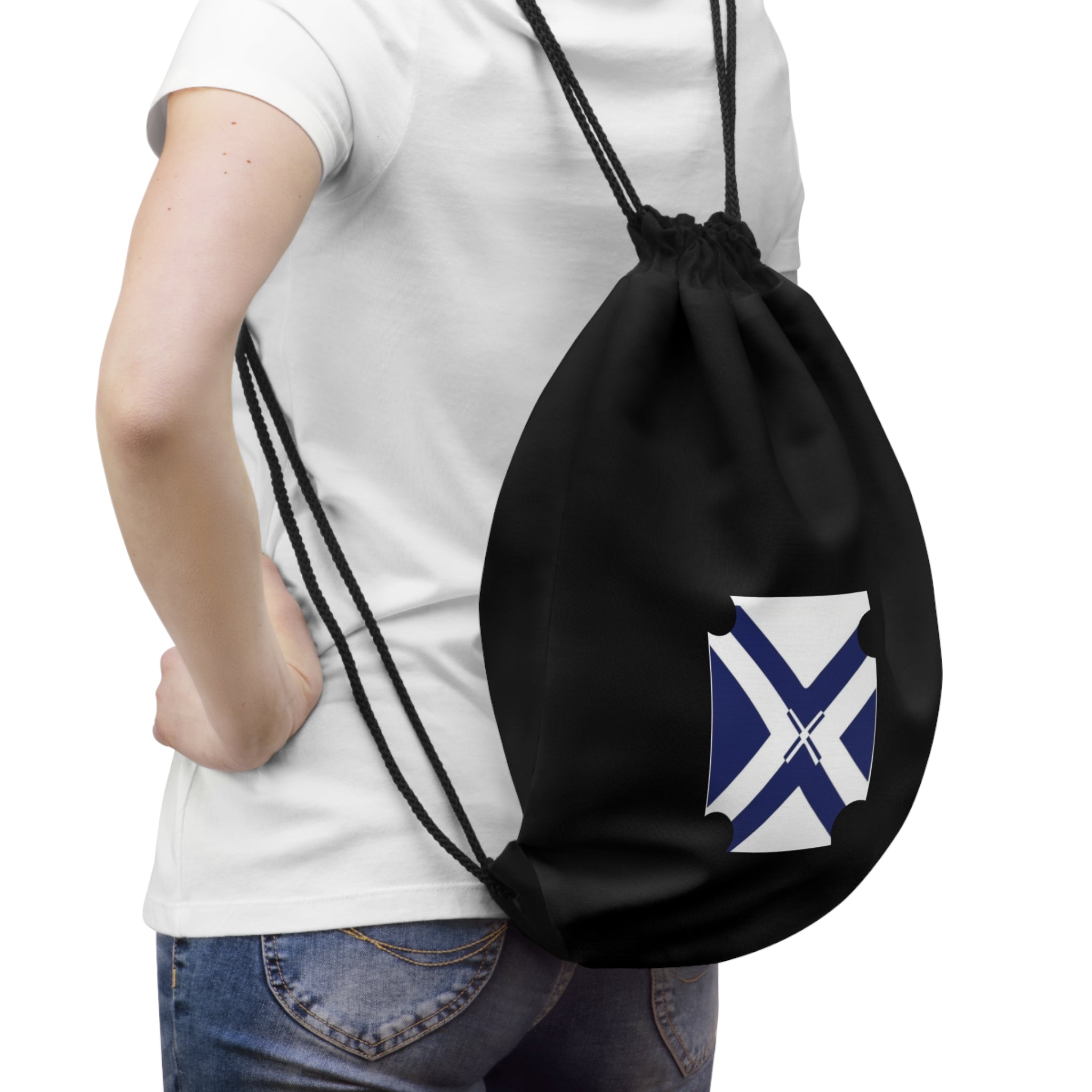 Navy Saltire Drawstring Bag — Minimalist St. Andrew’s Cross Gym Sack