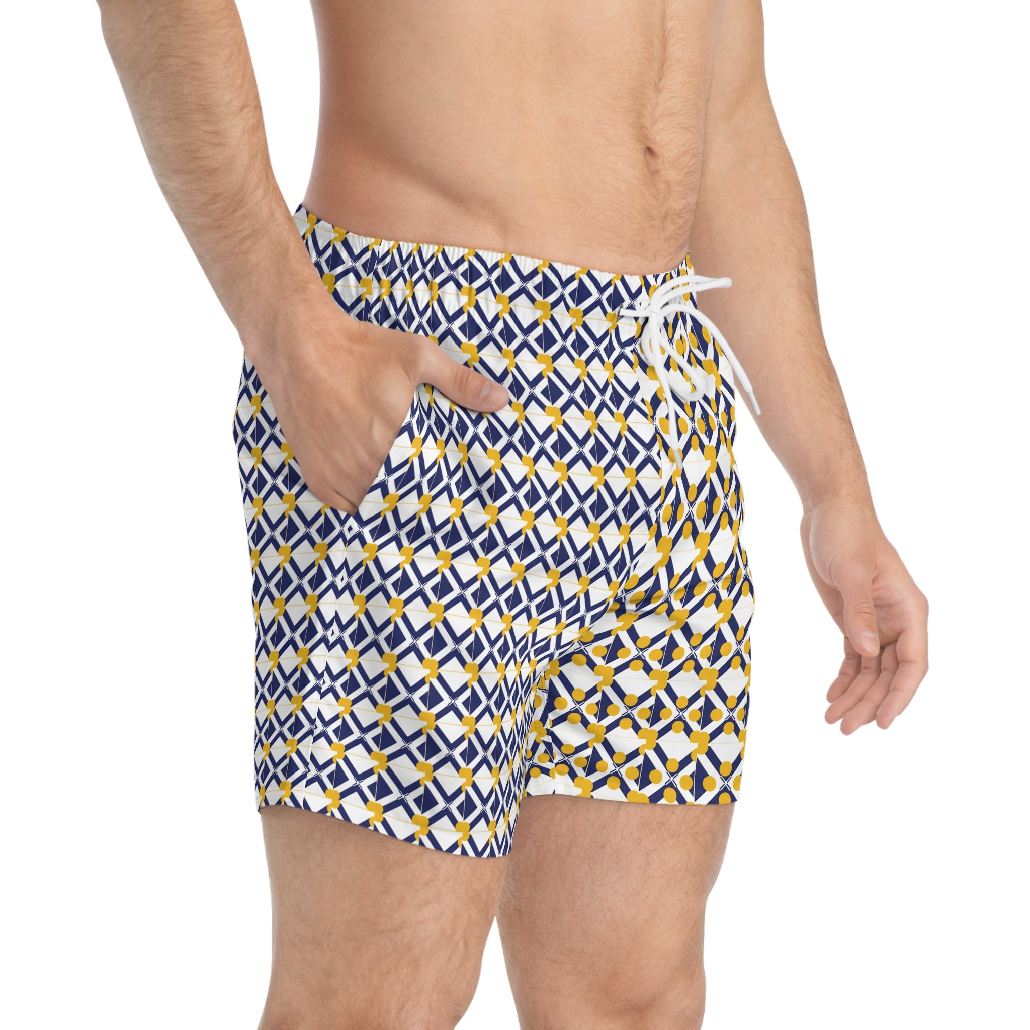 XT9 Split-Pattern Swim Trunks — Blue & Gold All-Over Print