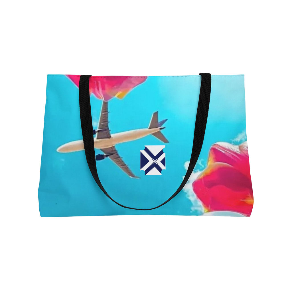 Weekender Tote Bag - Floral Sky Travel Beach Tote with Airplane Design