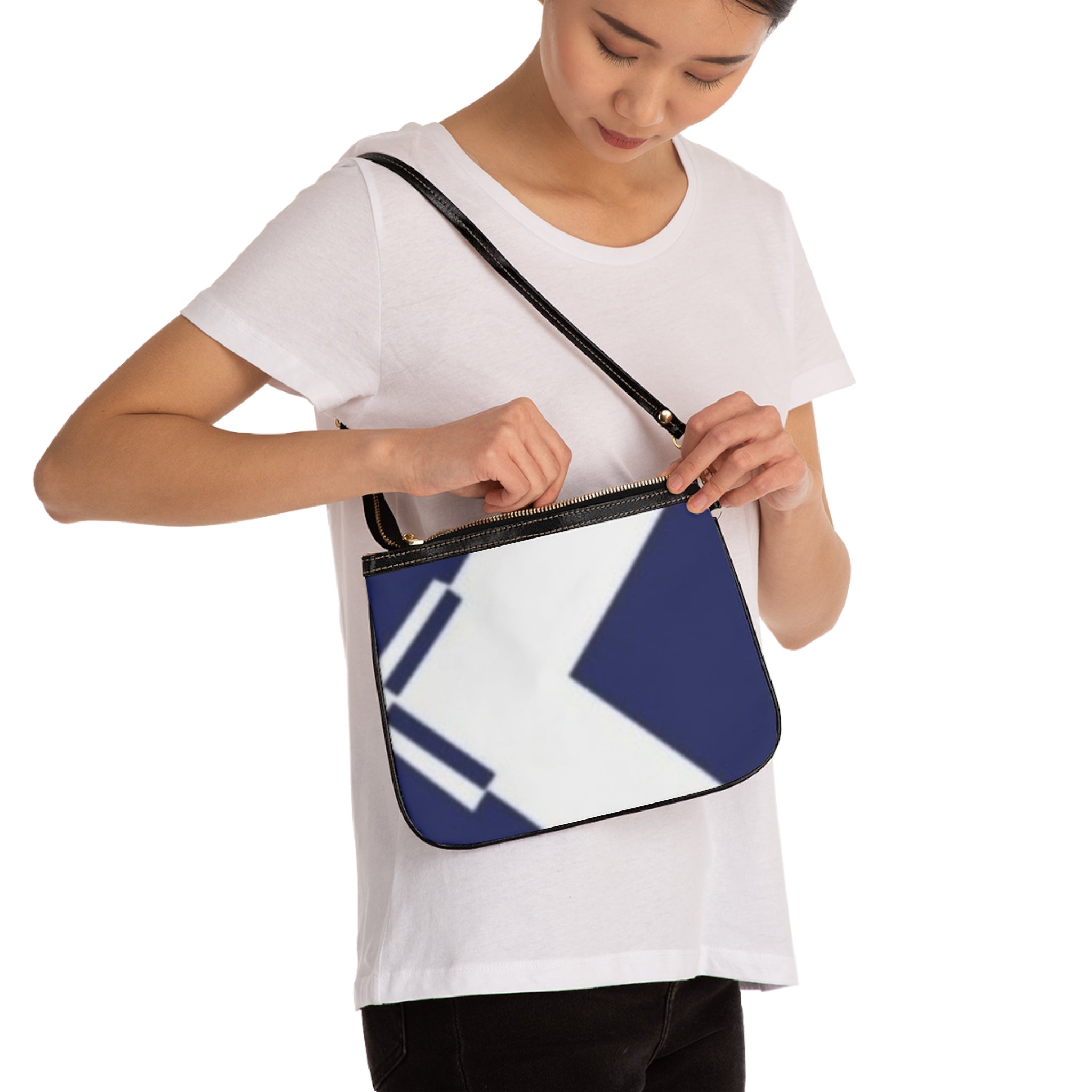 Navy Arrow Small Shoulder Bag — Minimal Geometric Crossbody