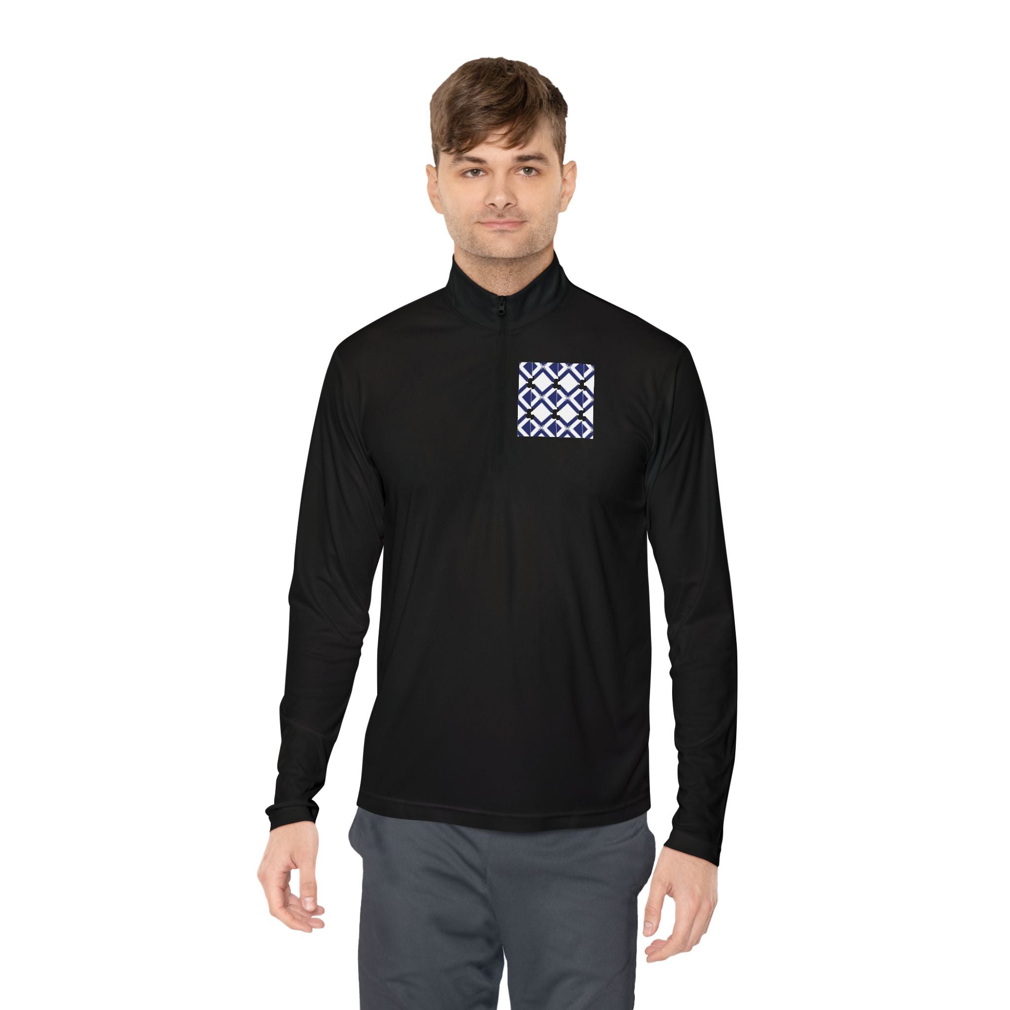 Quarter-Zip Pullover — Navy Geometric Tile Chest Graphic