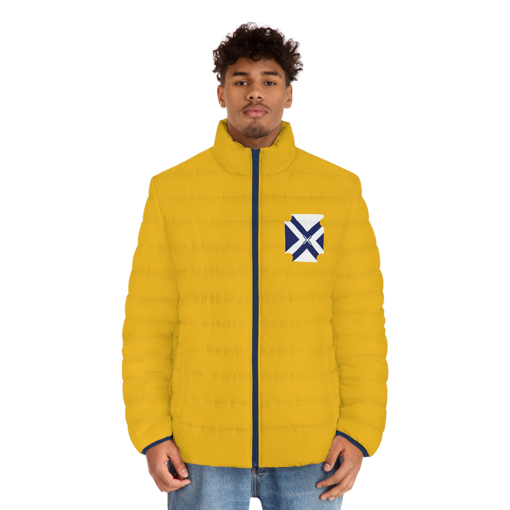 XT7 Yellow Puffer Jacket — Geometric Patch Chest Design