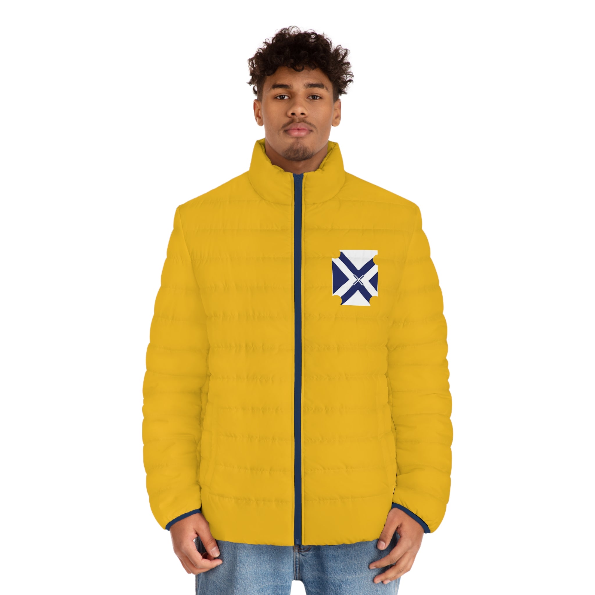 XT7 Yellow Puffer Jacket — Geometric Patch Chest Design