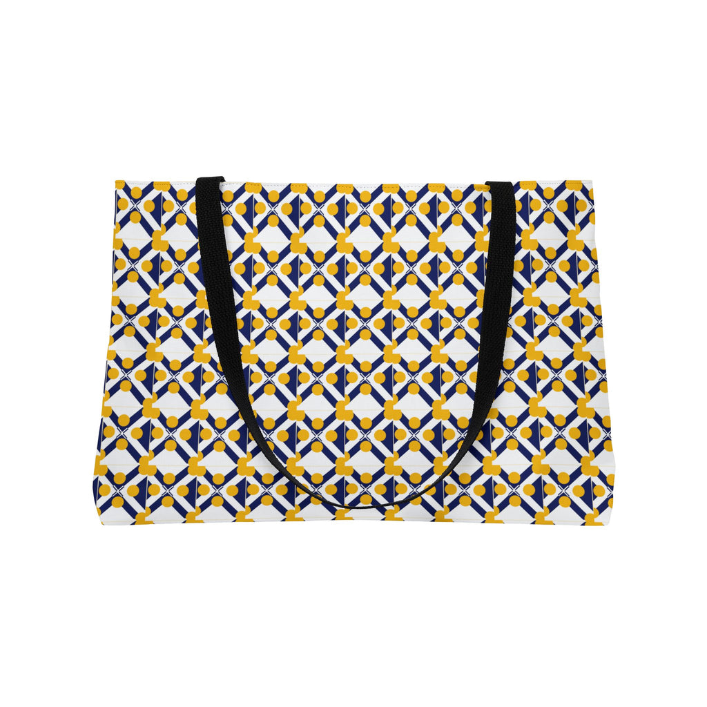 Geometric Tile Weekender Tote — Blue & Mustard Patterned Travel Bag