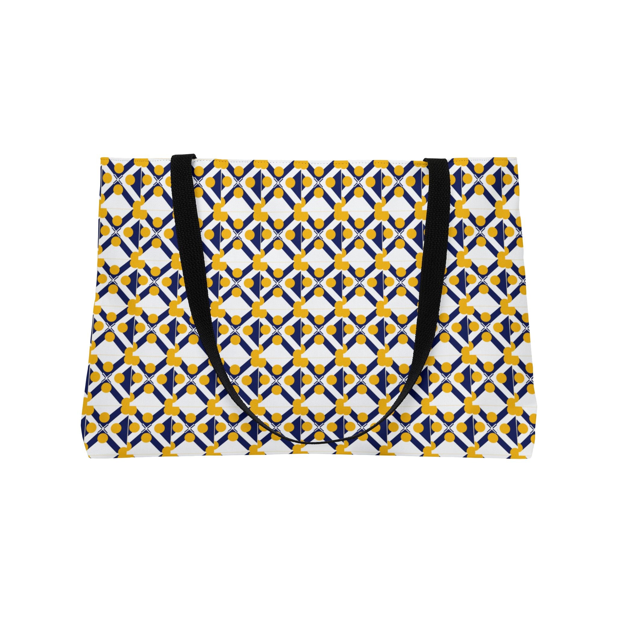 Geometric Tile Weekender Tote — Blue & Mustard Patterned Travel Bag