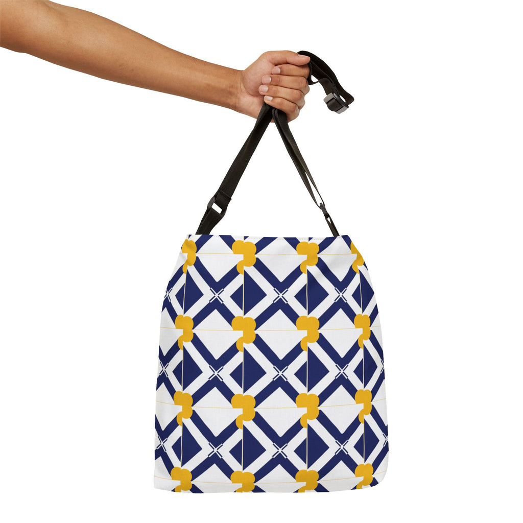 Geometric Navy & Gold Adjustable Tote Bag — Modern Lattice Pattern