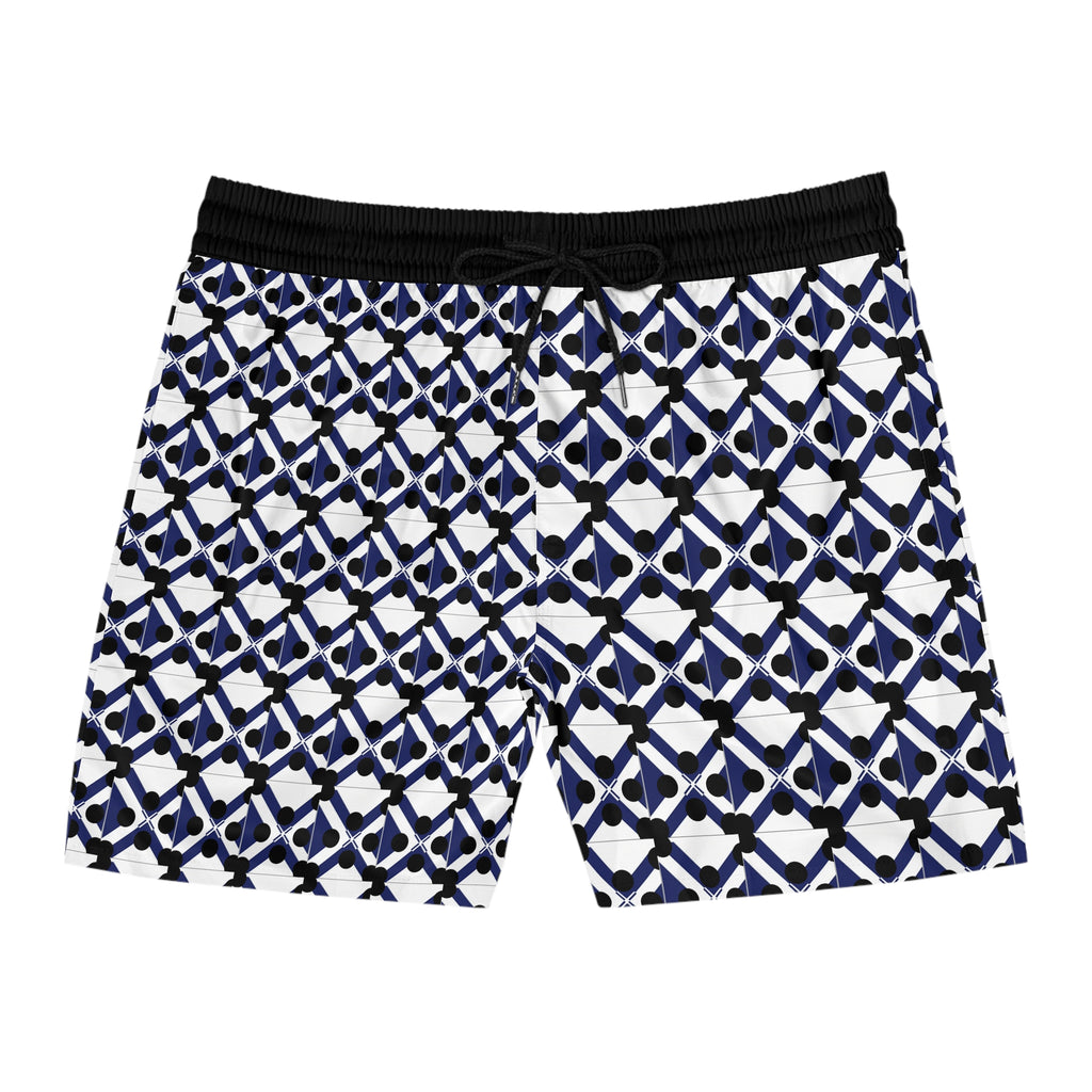 Men's Geometric Navy Lattice Swim Shorts — Mid-Length Beach Trunks