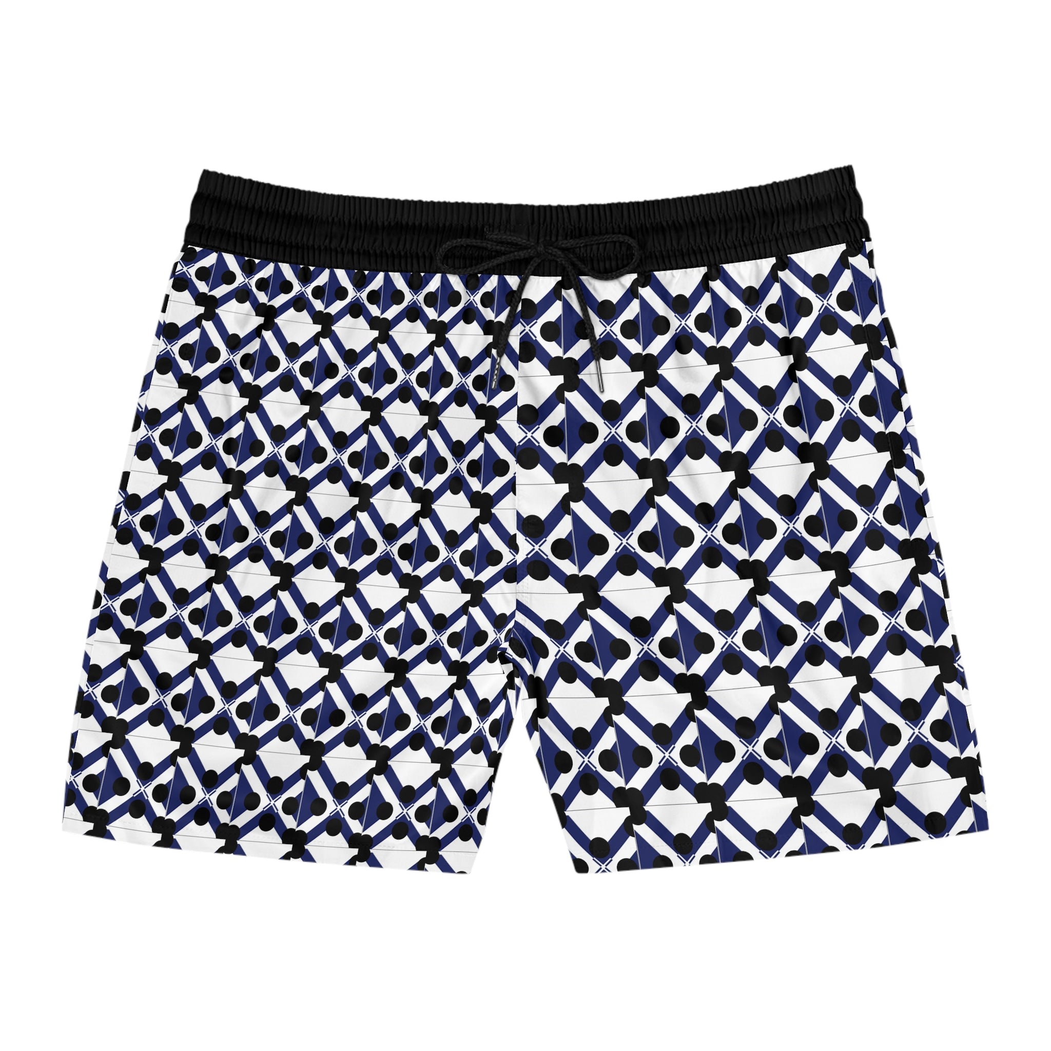 Men's Geometric Navy Lattice Swim Shorts — Mid-Length Beach Trunks