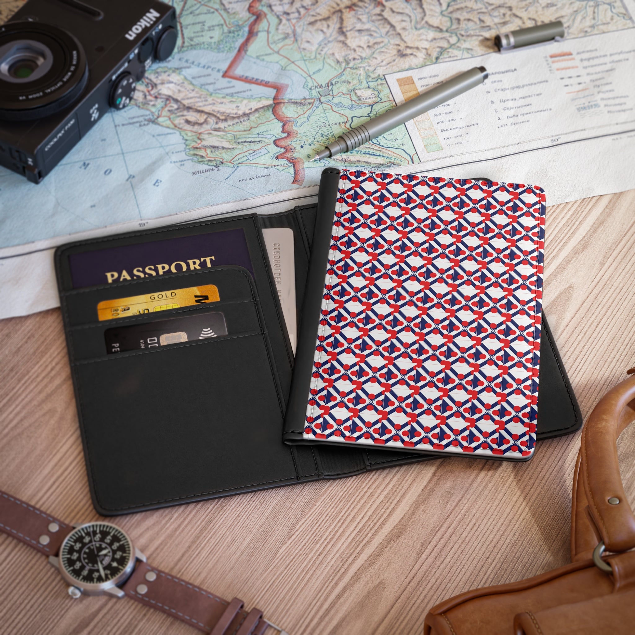 XT9 Passport Cover - Red, White & Blue Geometric Tile Pattern Travel Passport Holder
