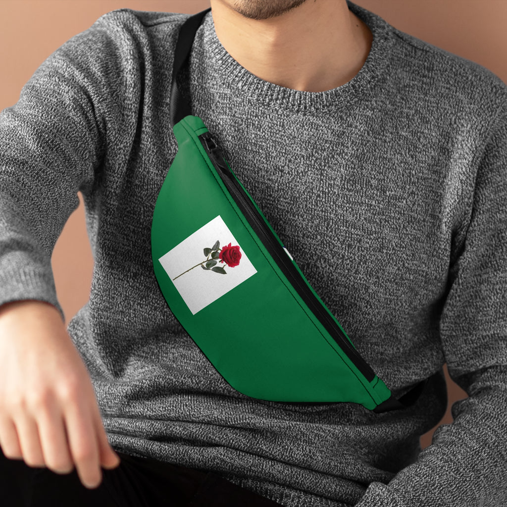 Green Fanny Pack with Red Rose Patch – Casual Floral Waist Bag