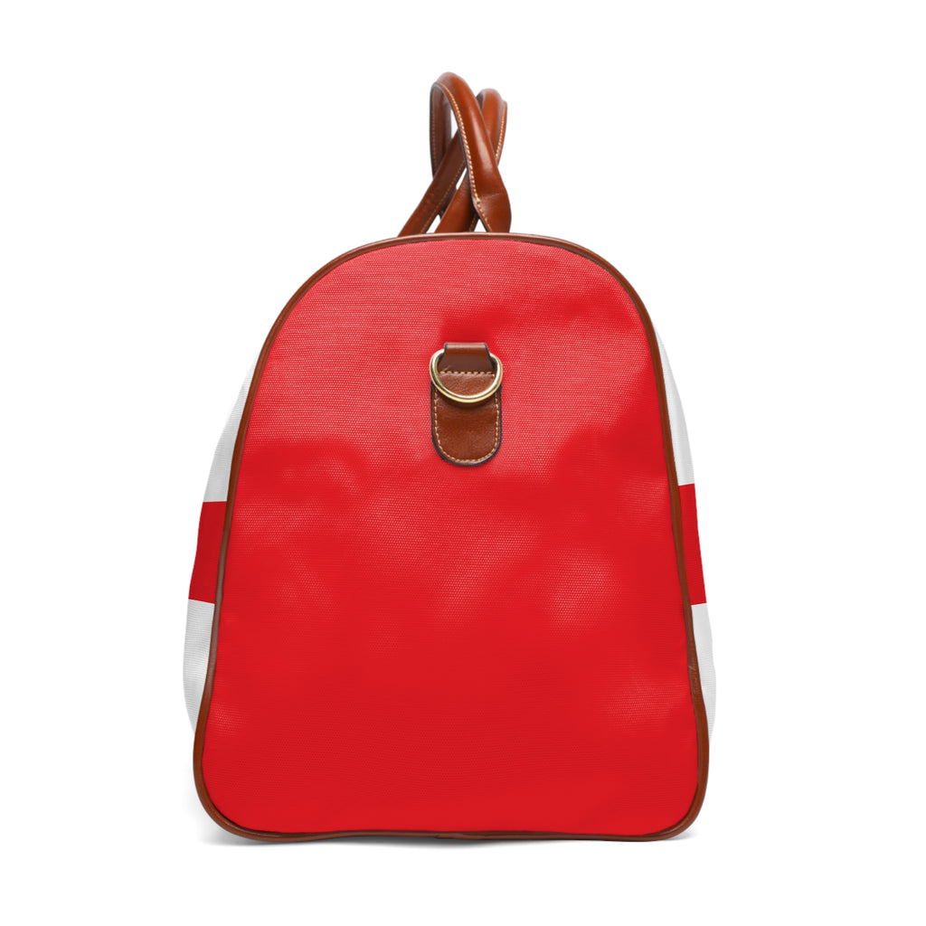Waterproof Travel Bag — Nautical Red Stripe Weekend Duffle with X Emblem