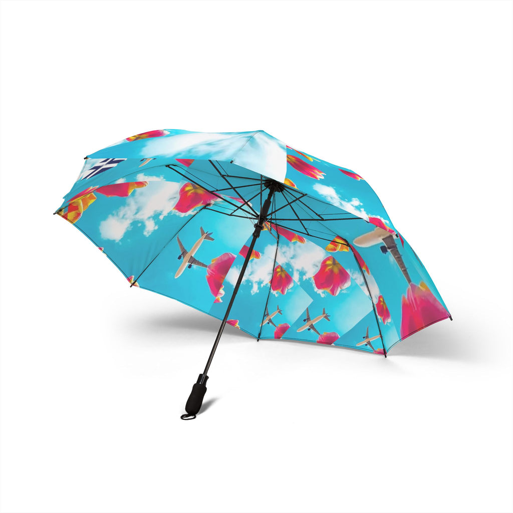 Travel-Print Foldable Umbrella — Blue Sky, Planes & Tulips Semi-Automatic Umbrella