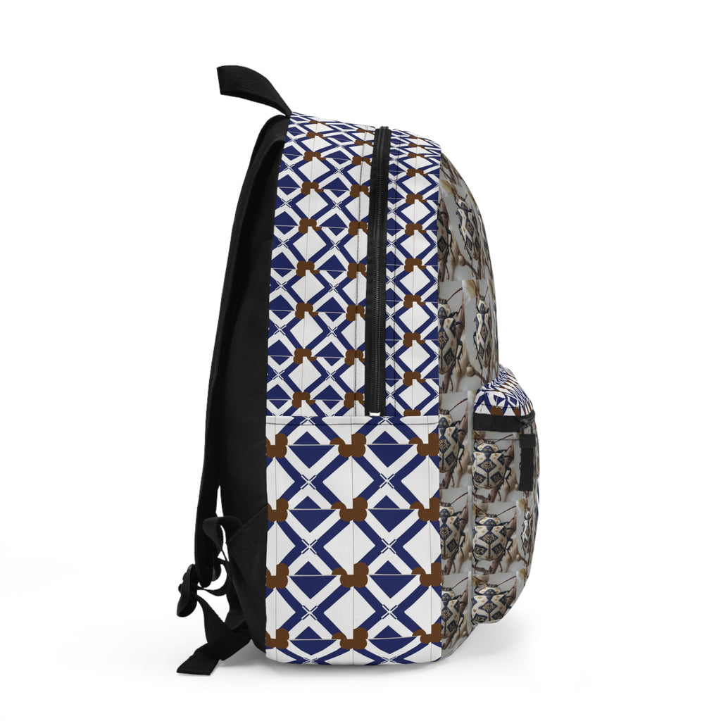Geometric Neutral Cat Pattern Backpack — Blue & Brown Tiled Print School Bag