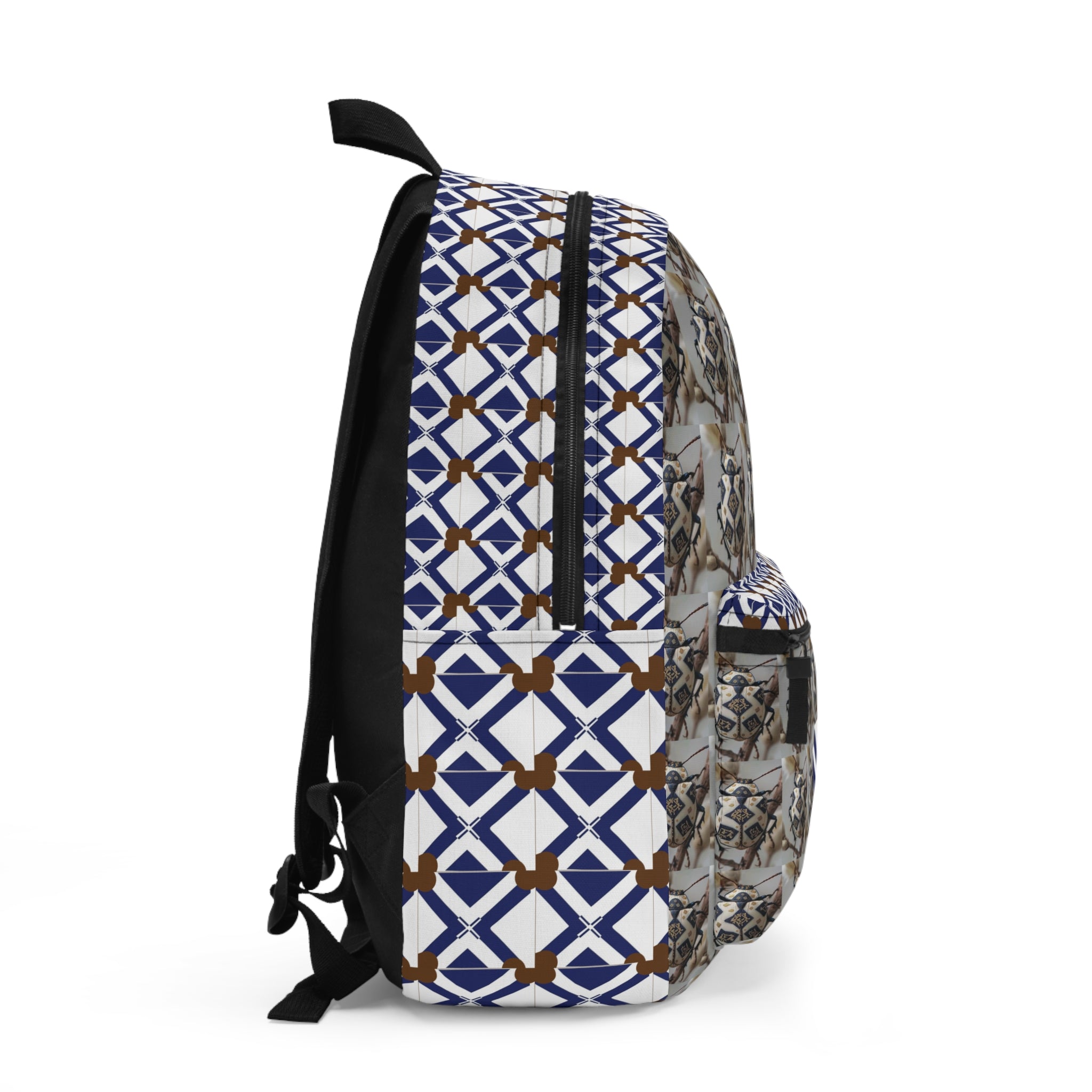 Geometric Neutral Cat Pattern Backpack — Blue & Brown Tiled Print School Bag
