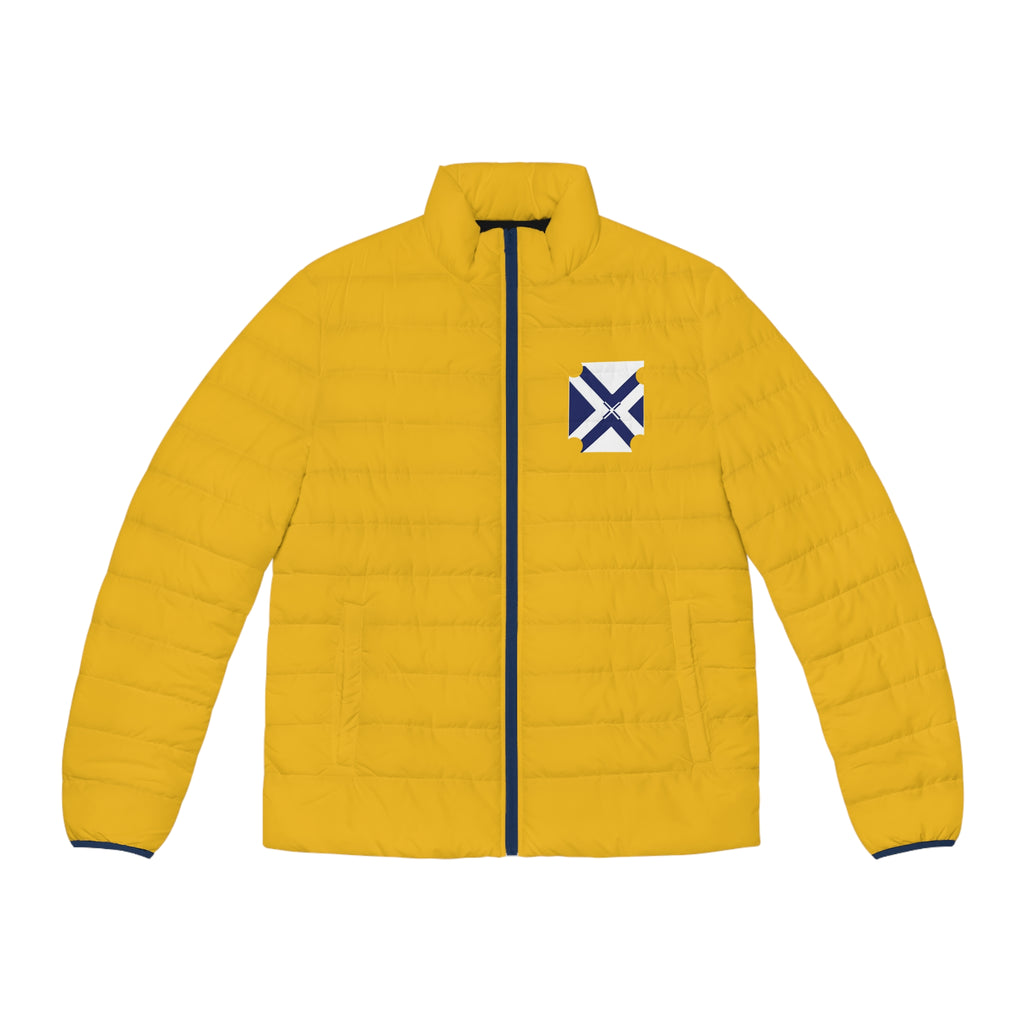 XT7 Yellow Puffer Jacket — Geometric Patch Chest Design