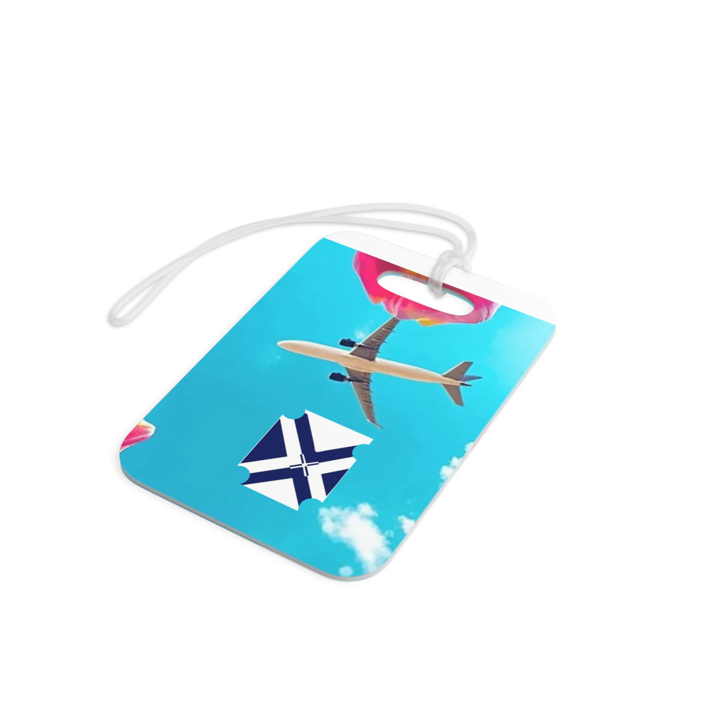 Airplane Sky Luggage Tag — Bright Blue Travel ID with Plane & Heart Balloons