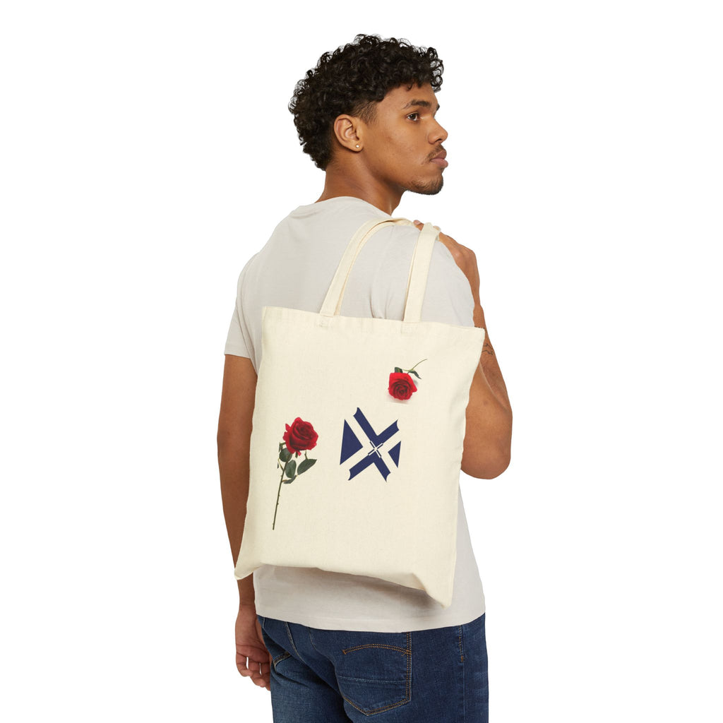 Canvas Tote Bag — Red Rose Floral Design with Geometric Emblem