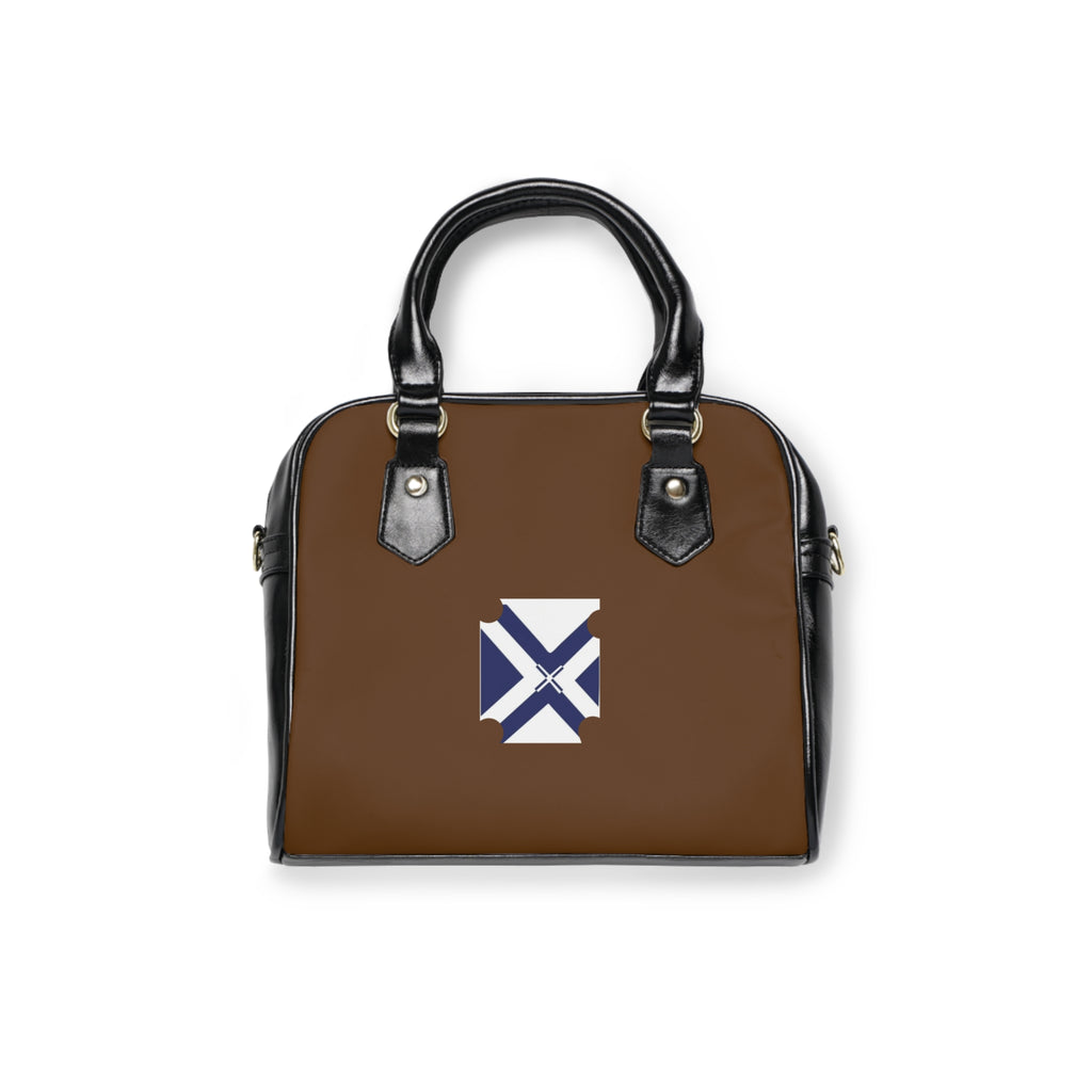 Brown Shoulder Handbag with Blue White Cross Emblem