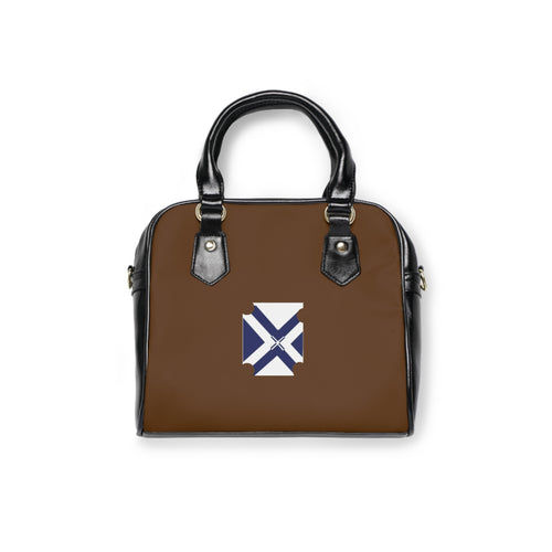 Brown Shoulder Handbag with Blue White Cross Emblem