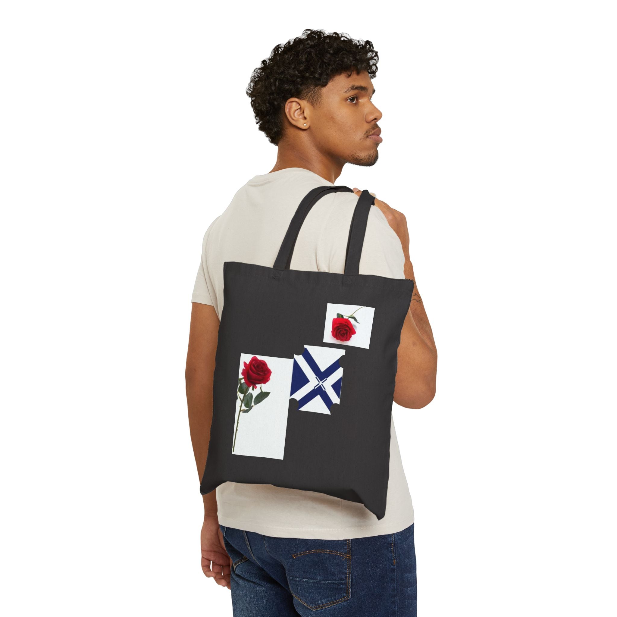 Canvas Tote Bag — Red Rose Floral Design with Geometric Emblem