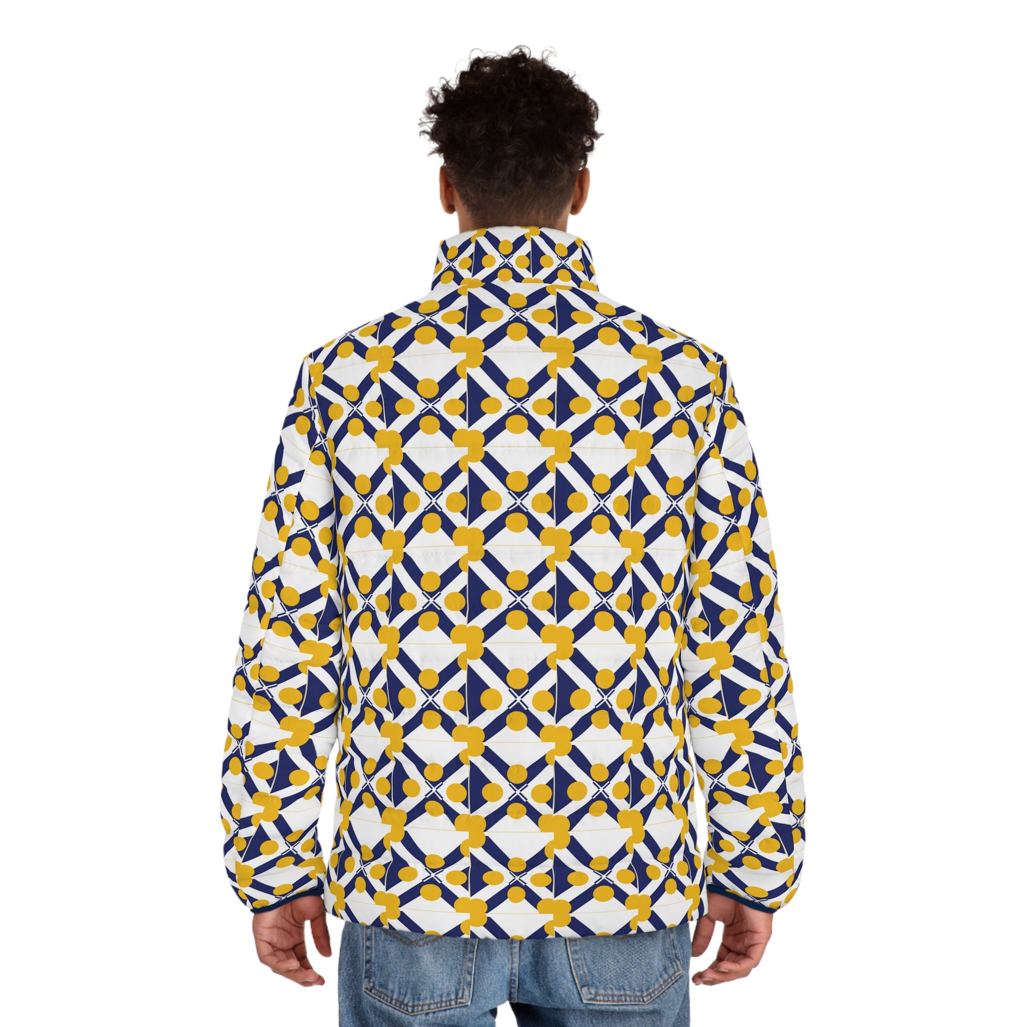 XT8 plus XT9 Puffer Jacket - Geometric Navy & Yellow Tile Print