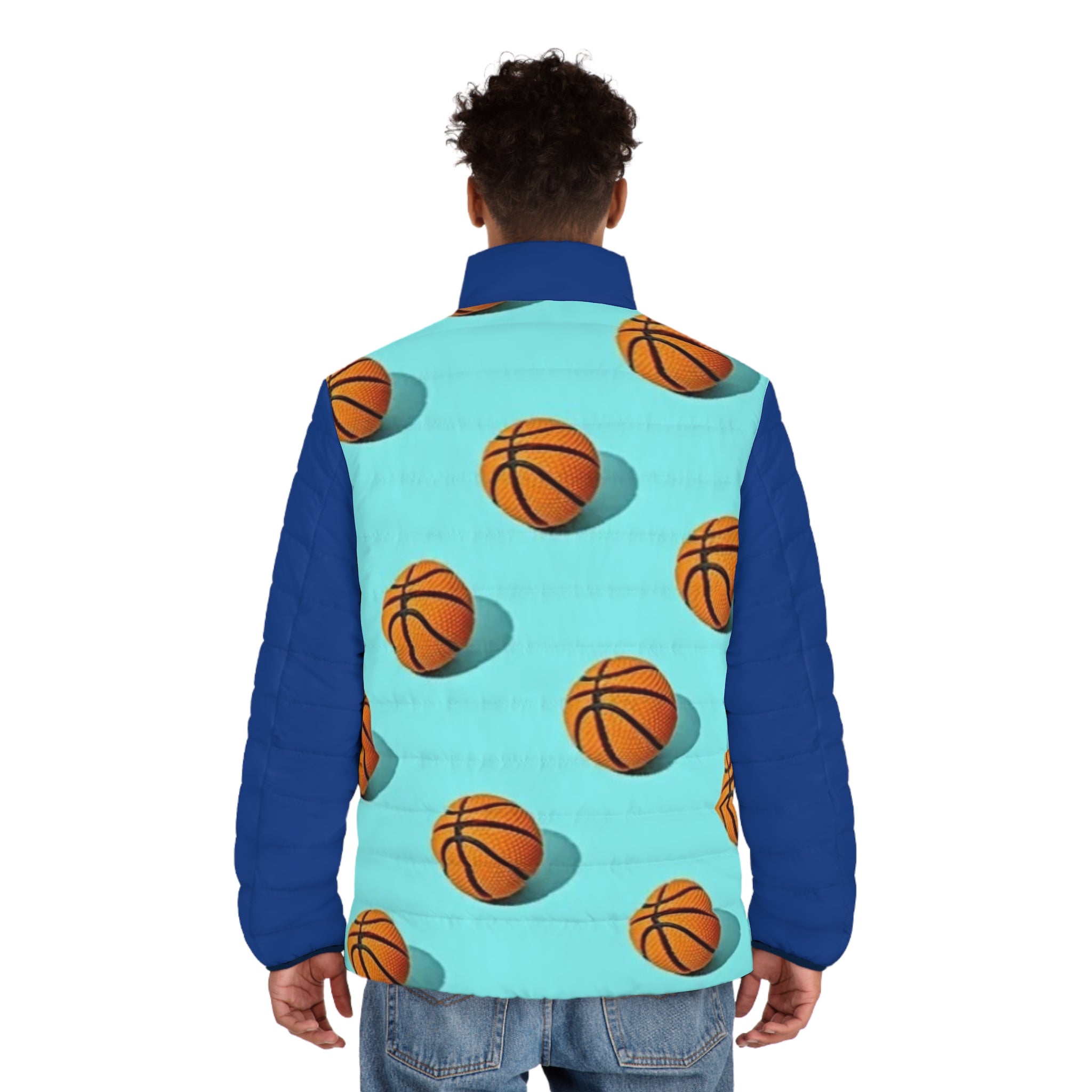 XT Basketball Pattern Puffer Jacket — Men's Aqua Blue All-Over Print