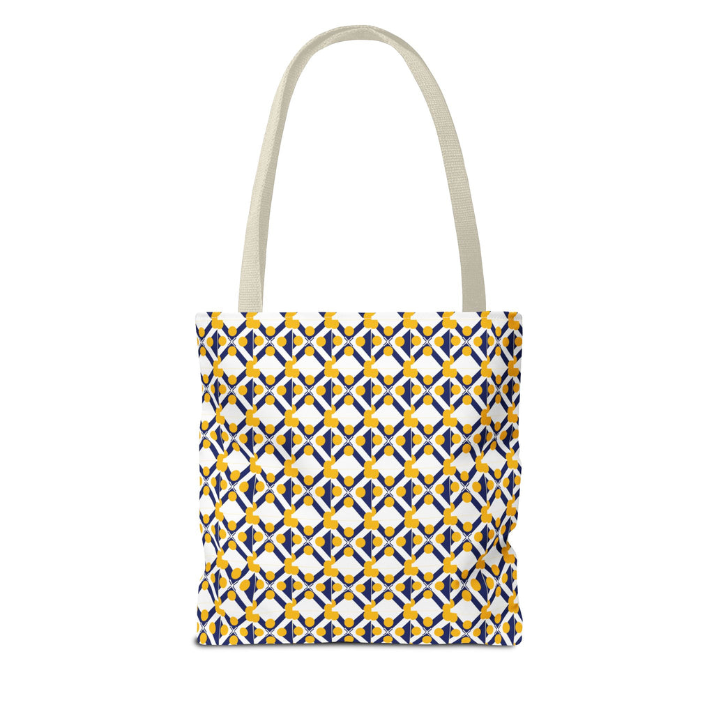 Geometric Mosaic Tote Bag — Yellow & Navy Patterned All-Over Print