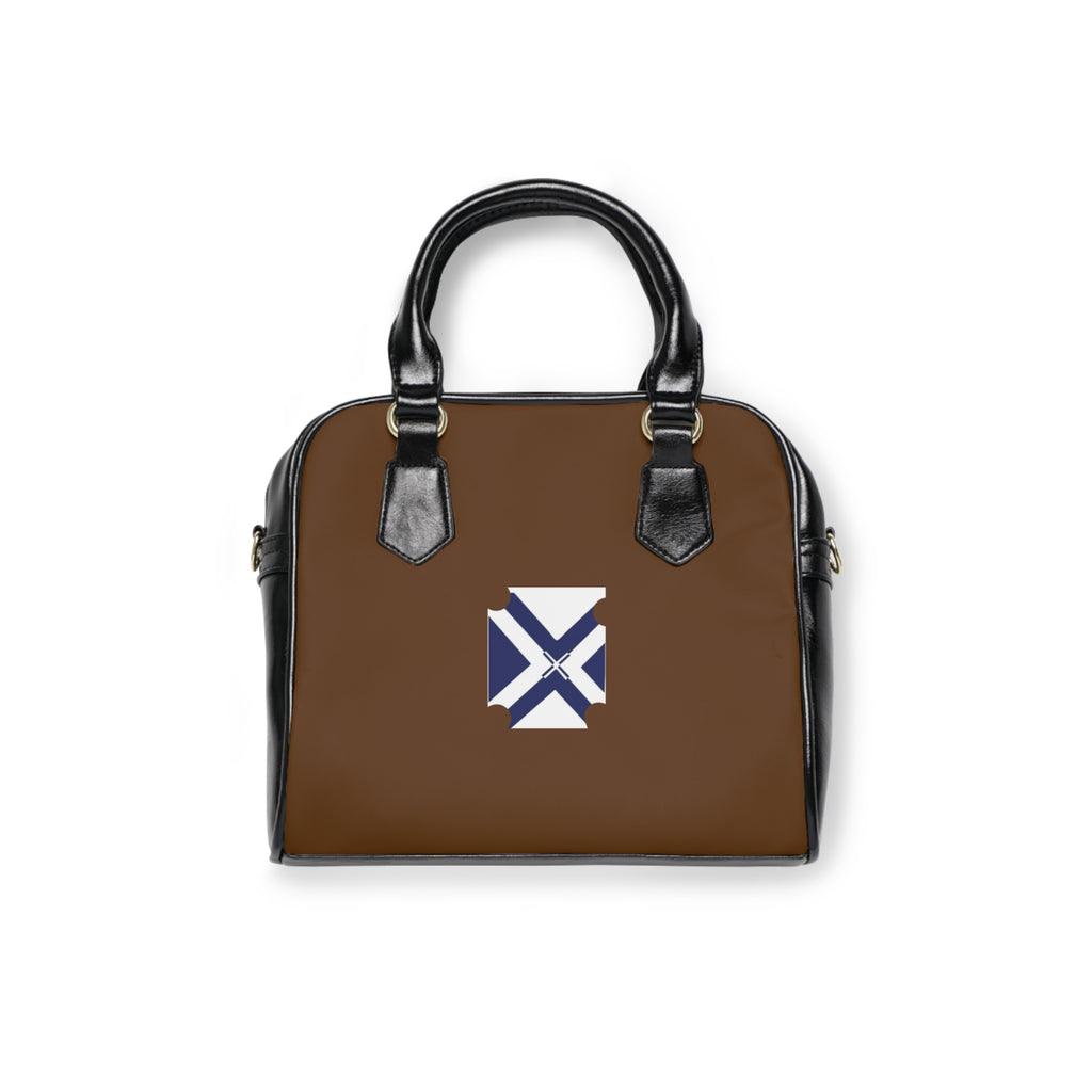 Brown Shoulder Handbag with Blue White Cross Emblem