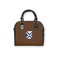 Brown Shoulder Handbag with Blue White Cross Emblem