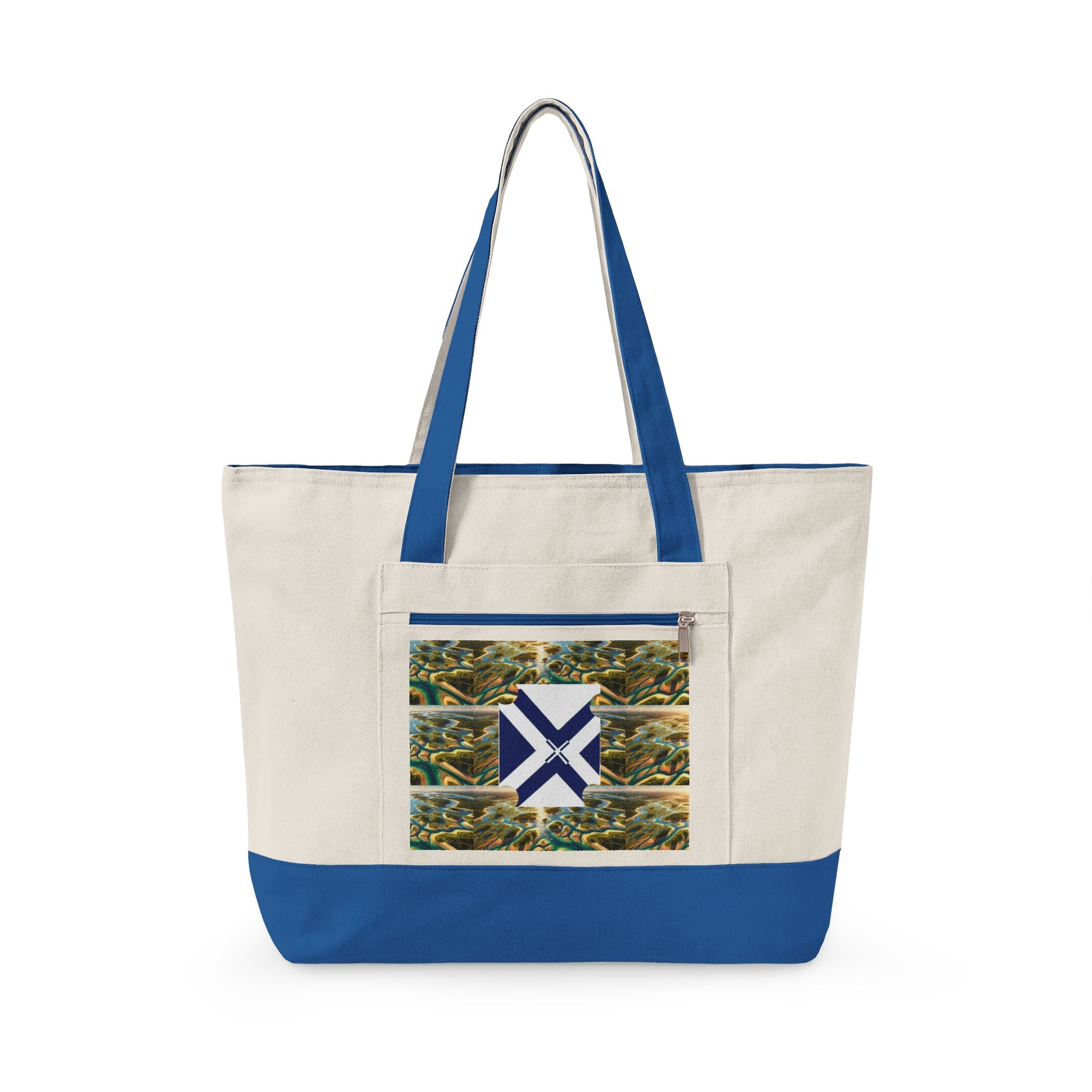 Canvas Tote Bag — Rustic Pine Forest Patch with Navy Saltire
