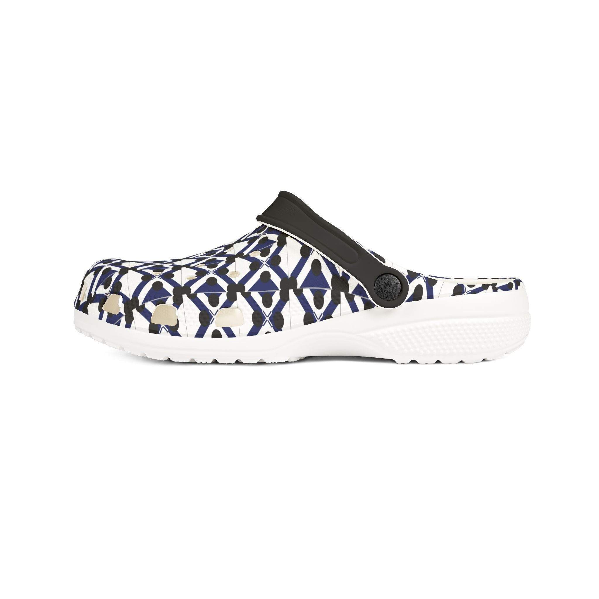Patterned EVA Foam Clogs — Navy Geometric All-Over Print