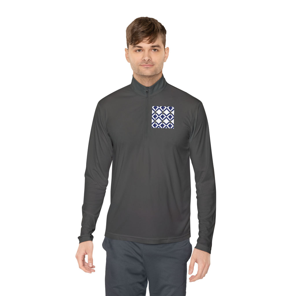 Quarter-Zip Pullover — Navy Geometric Tile Chest Graphic