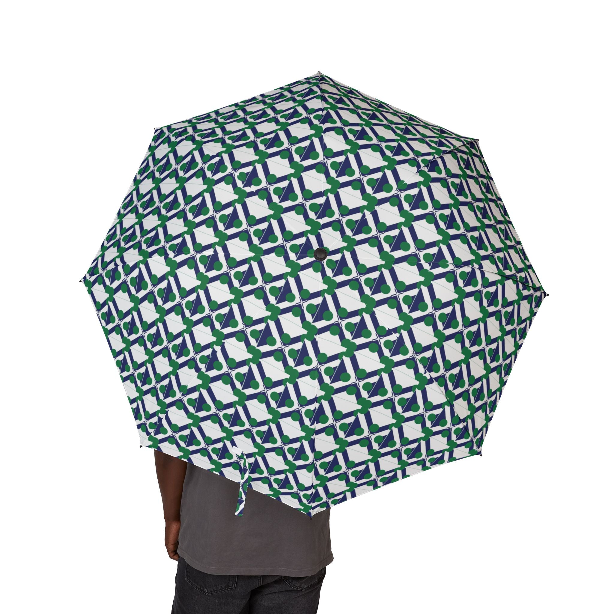 XT9 Foldable Umbrella — Geometric Blue-Green Pattern, Semi-Automatic Compact Rain Umbrella