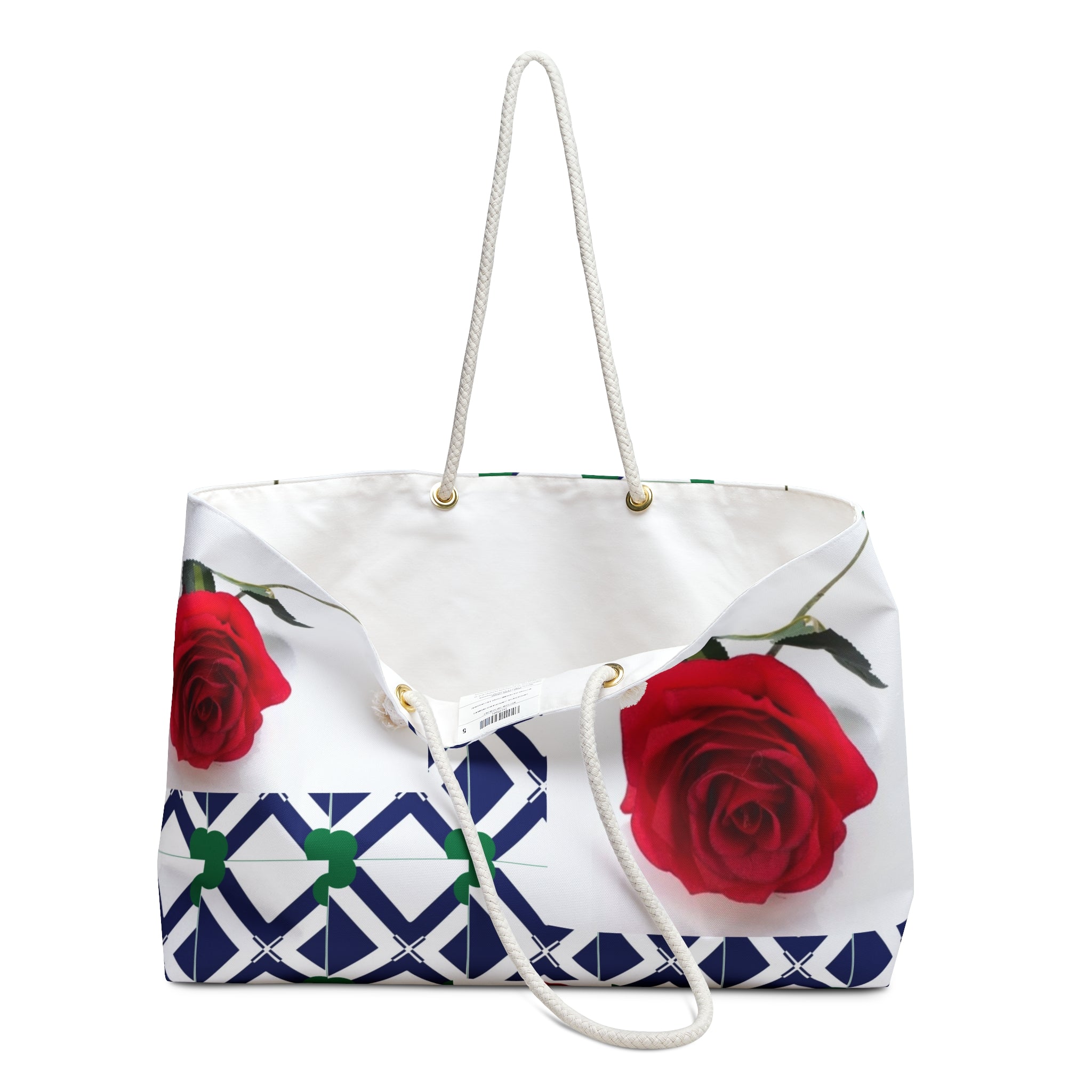 Rose Pattern Weekender Bag - Navy Geometric Floral Travel Tote
