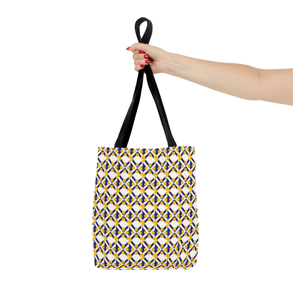 Geometric Mosaic Tote Bag — Yellow & Navy Patterned All-Over Print
