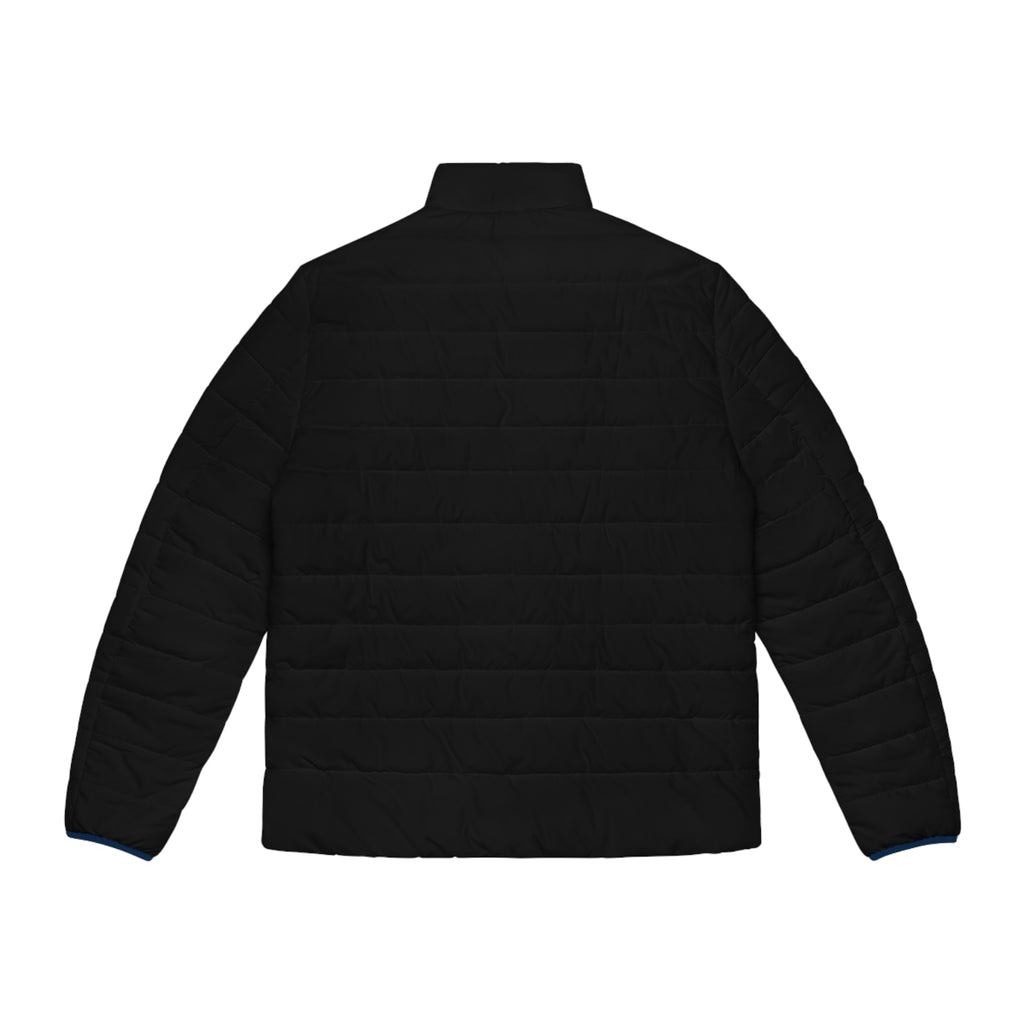 Men's Black Puffer Jacket with Blue Trim & Geometric Patch