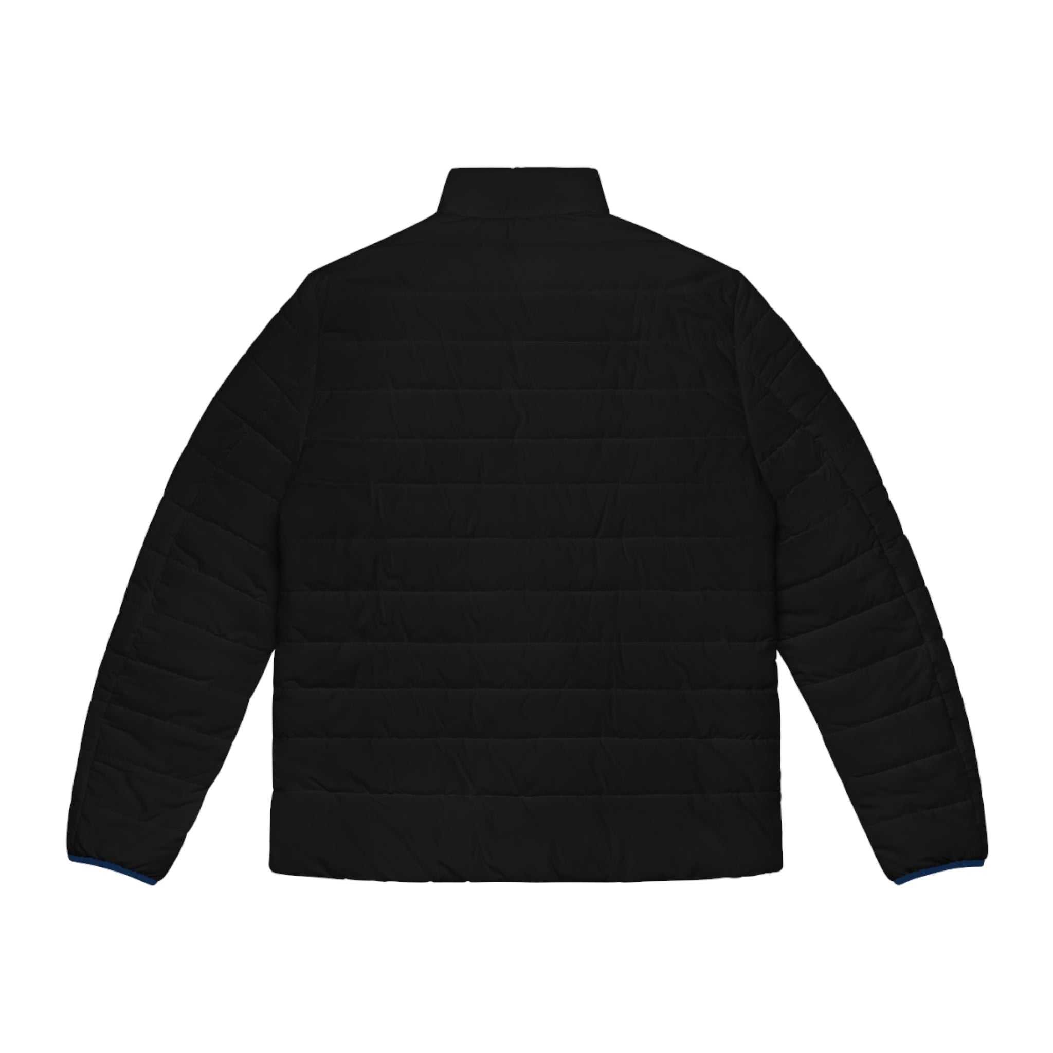 Men's Black Puffer Jacket with Blue Trim & Geometric Patch