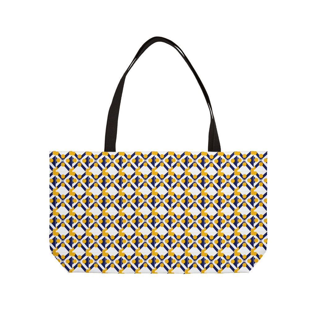 Geometric Tile Weekender Tote — Blue & Mustard Patterned Travel Bag